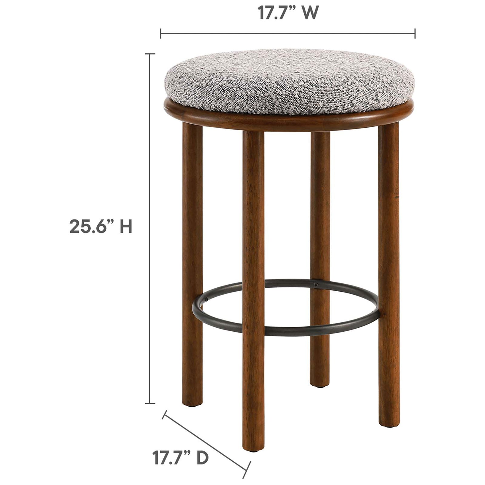 Counter stool sized for kitchen islands with a 17.7 inch round seat and supportive 25.6 inch height || EEI-6818-WAL-TAU || dimension_studio
