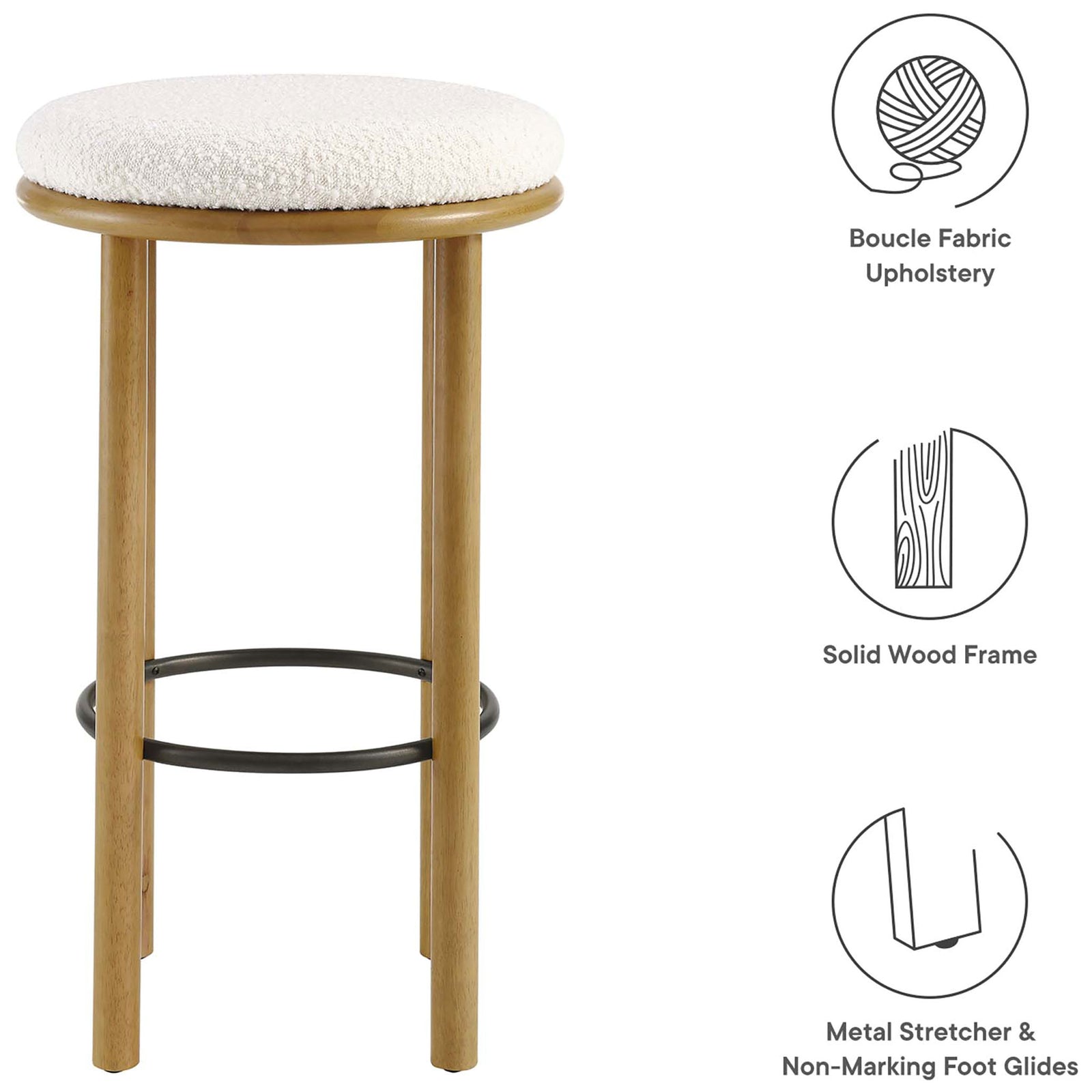 Boucle-upholstered bar stool with solid wood frame, metal stretcher, and non-marking glides || EEI-6819-OAK-IVO || callout_studio