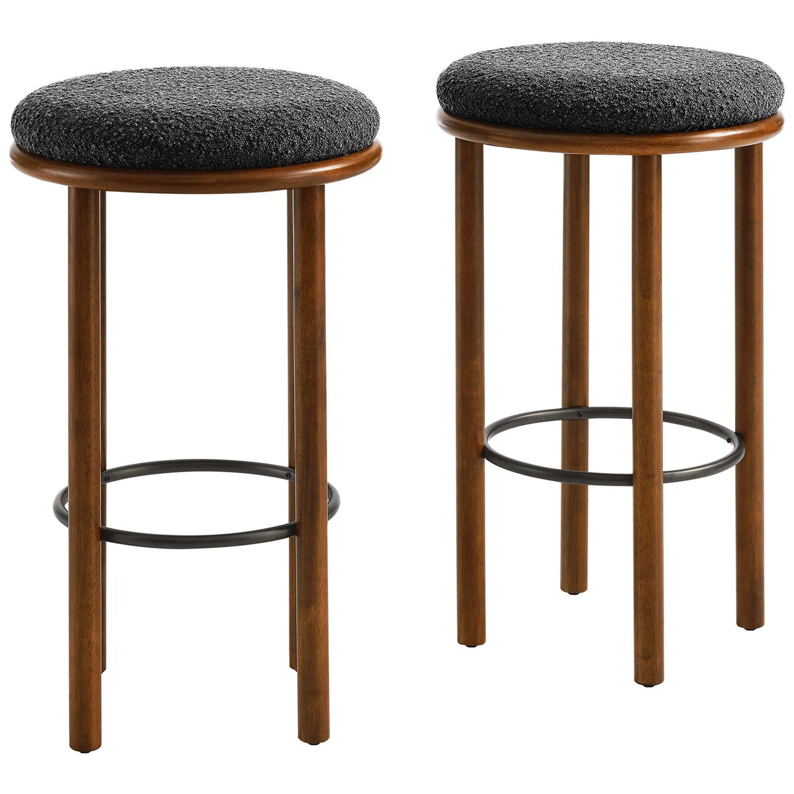 Set of two backless bar stools with charcoal boucle seats, walnut frames, and a round metal footrest || EEI-6819-WAL-CHA || front_multi_studio