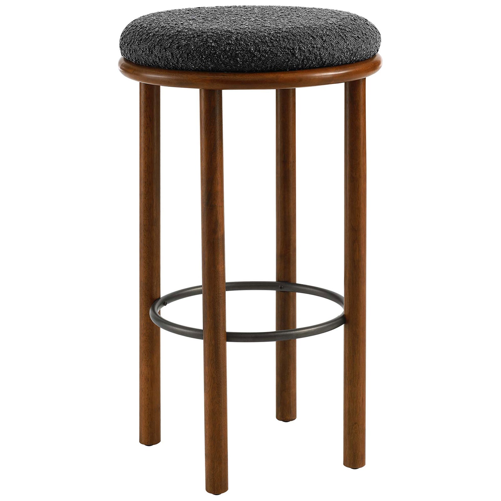 Backless bar stool with a plush charcoal boucle seat, walnut wood legs, and circular metal footrest || EEI-6819-WAL-CHA || front_angle_studio