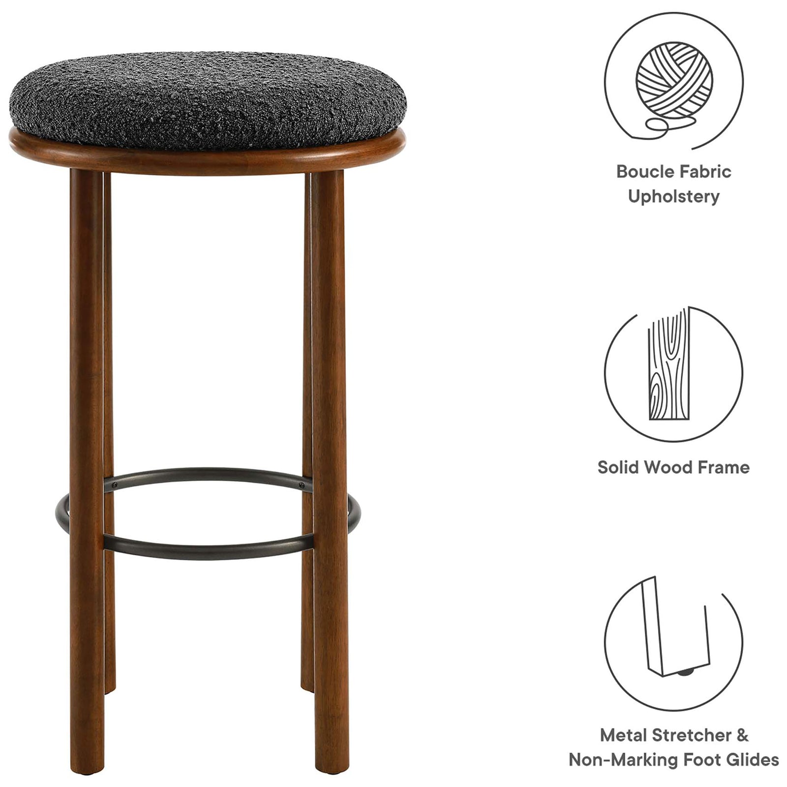 Boucle-upholstered bar stool with solid wood frame, metal stretcher, and non-marking glides || EEI-6819-WAL-CHA || callout_studio