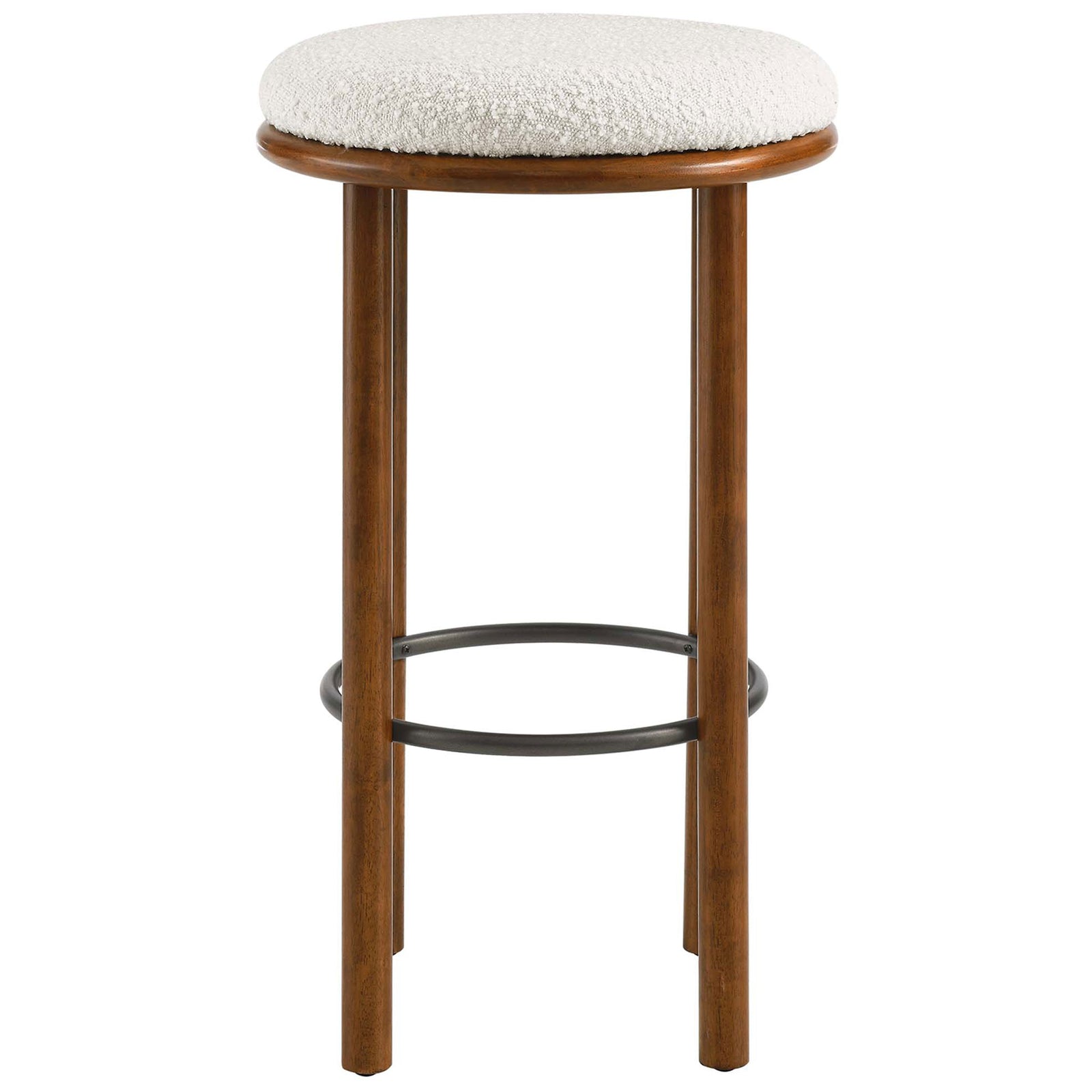 Backless bar stool with an ivory boucle round seat, walnut wood legs, and a black metal footrest ring || EEI-6819-WAL-IVO || front_studio