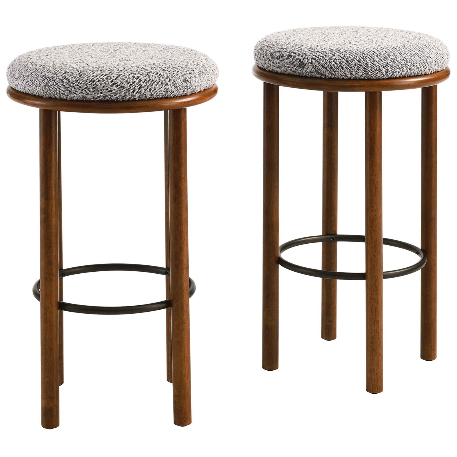 Pair of bar-height stools with taupe boucle seats, walnut frames, and a sturdy circular footrest || EEI-6819-WAL-TAU || front_angle_multi_studio