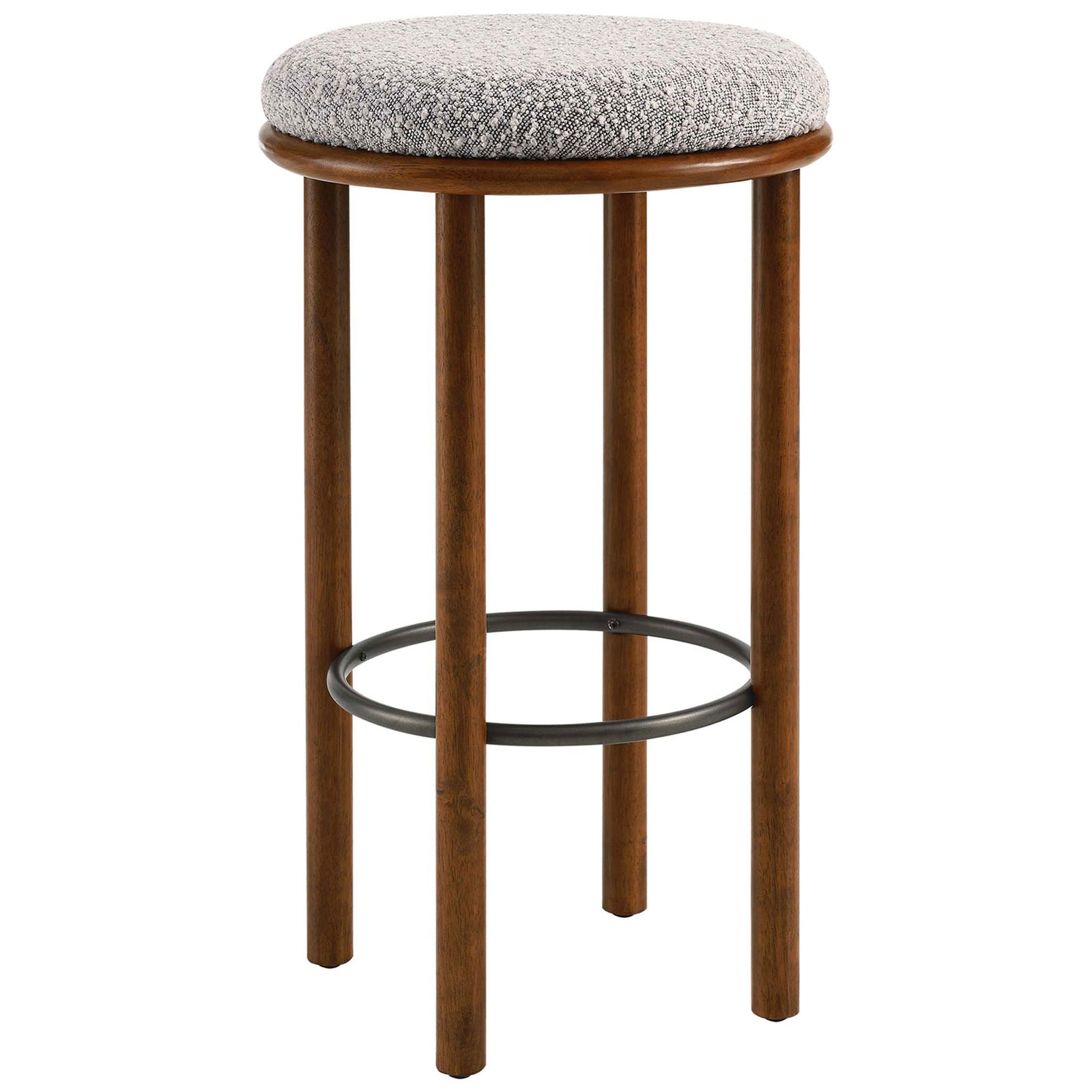 Backless bar stool with a plush taupe boucle cushion, walnut legs, and metal footrest ring || EEI-6819-WAL-TAU || front_angle_studio