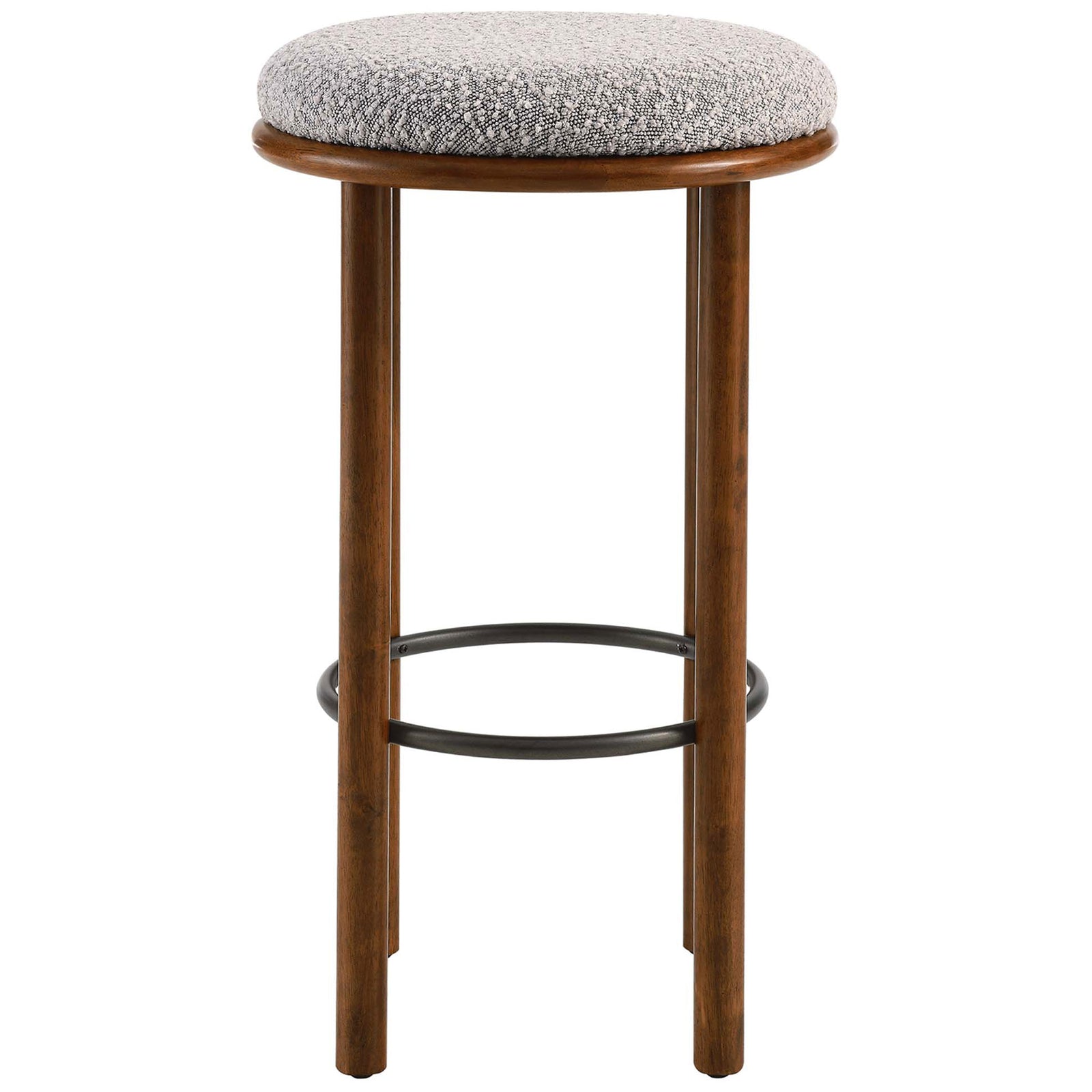 Bar-height stool with a round taupe boucle seat on a walnut base and steel ring footrest || EEI-6819-WAL-TAU || front_studio