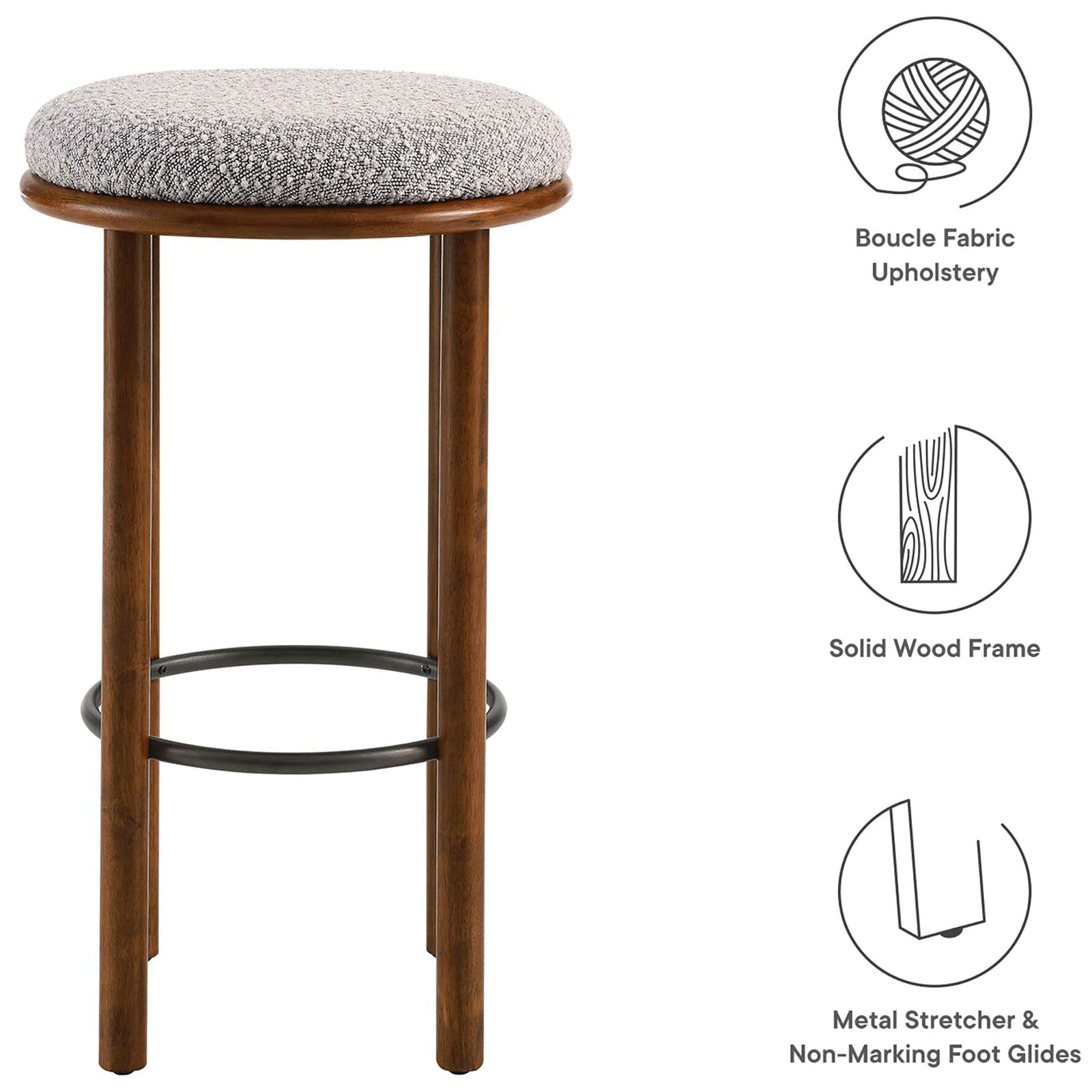 Boucle upholstery, solid rubberwood frame, and non-marking glides designed for lasting comfort || EEI-6819-WAL-TAU || callout_studio