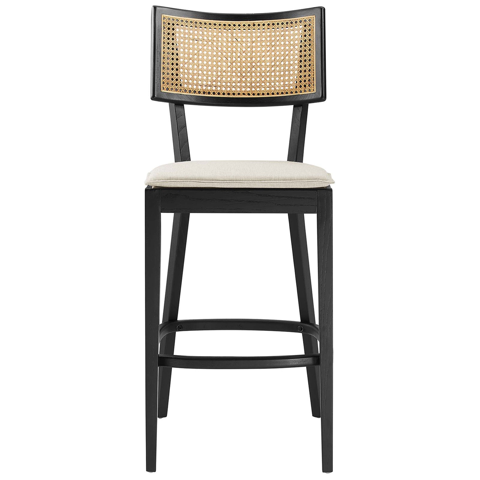 Black wood bar stool with breathable rattan back and tailored beige cushion || EEI-6820-BLK-BEI || front_studio