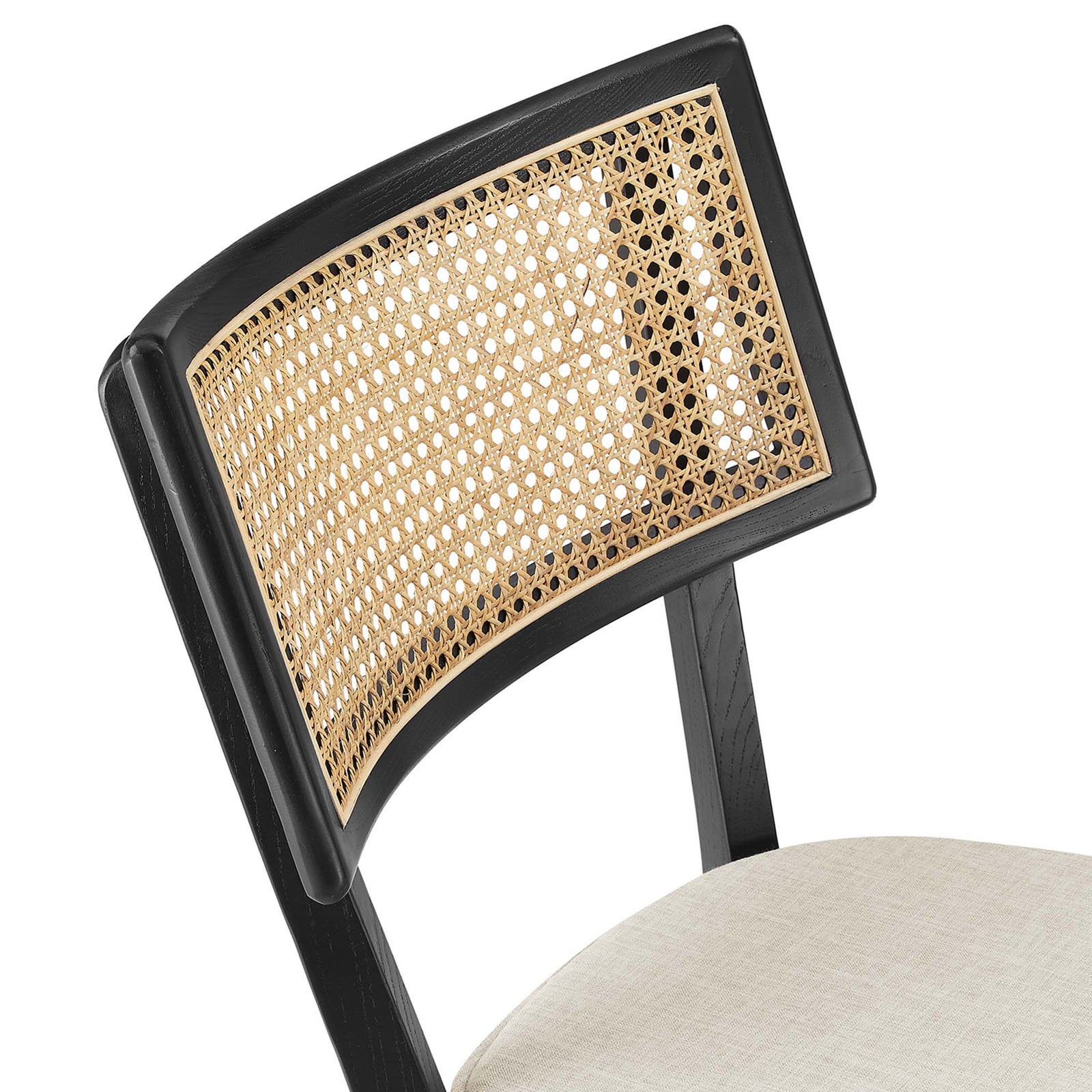 Close-knit cane weave and French-seamed cushion highlight refined craftsmanship || EEI-6820-BLK-BEI || detail_studio