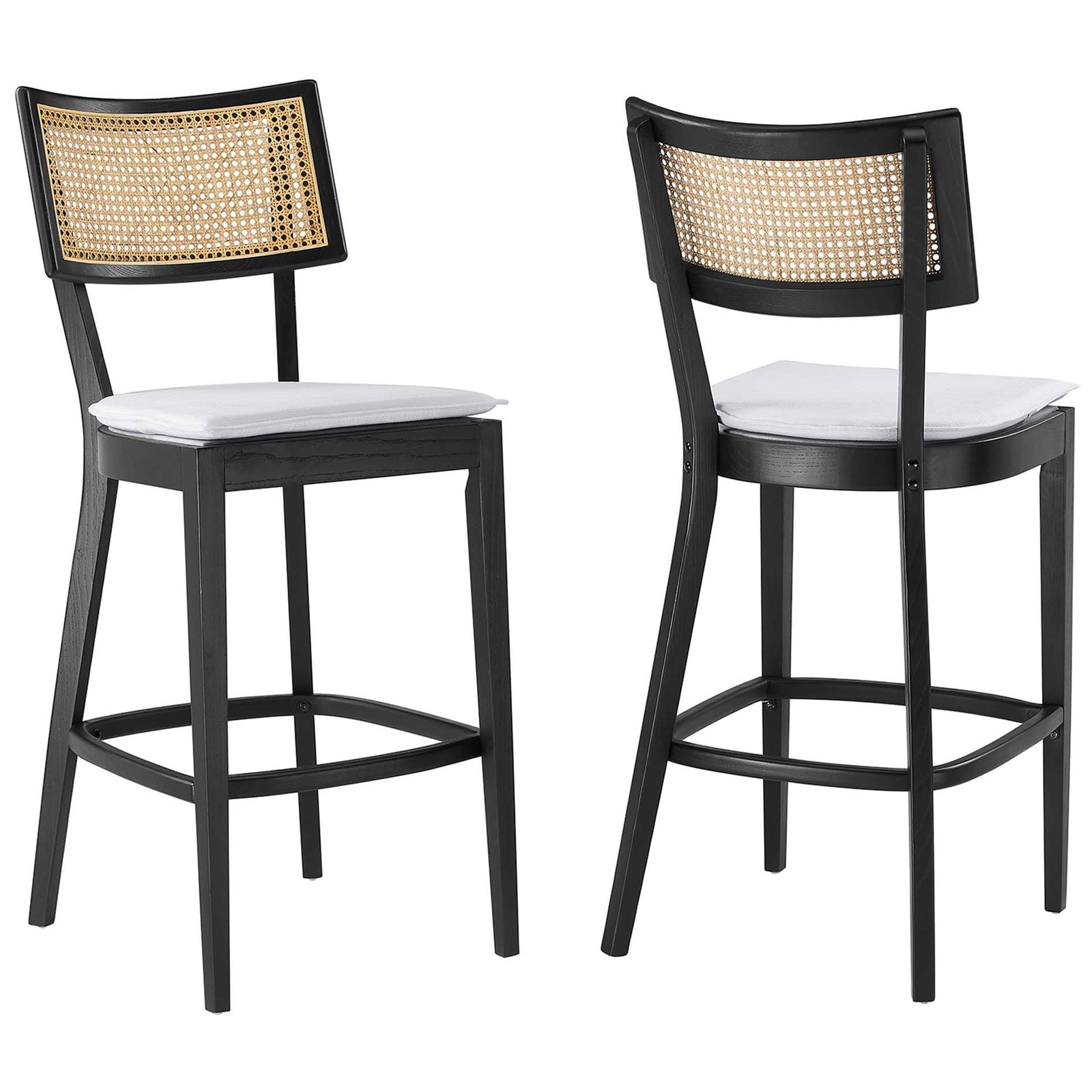 Set of two bar stools featuring natural rattan backs and crisp white cushions || EEI-6820-BLK-WHI || front_angle_multi_studio