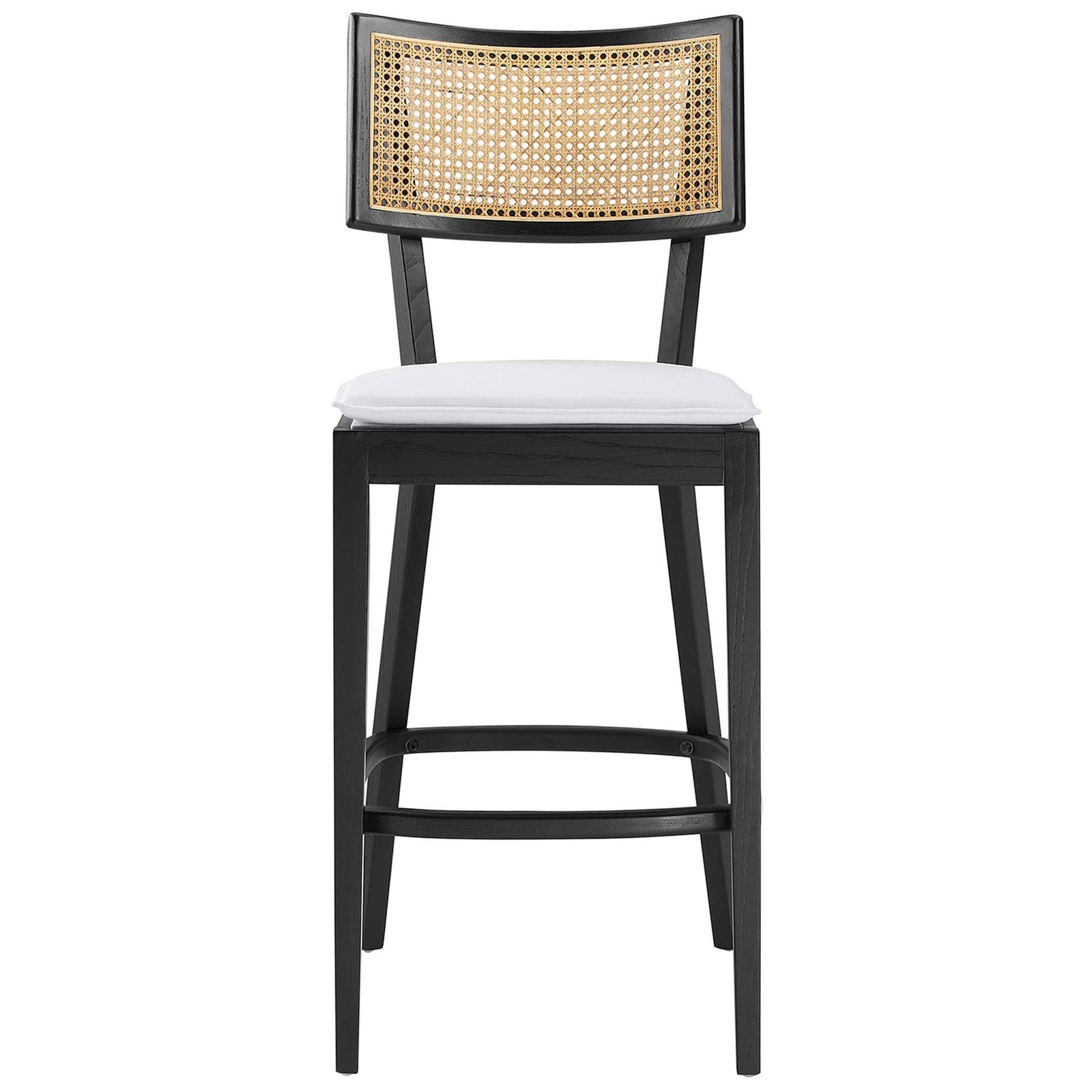 Black wood bar stool with curved rattan back and removable white cushion || EEI-6820-BLK-WHI || front_studio