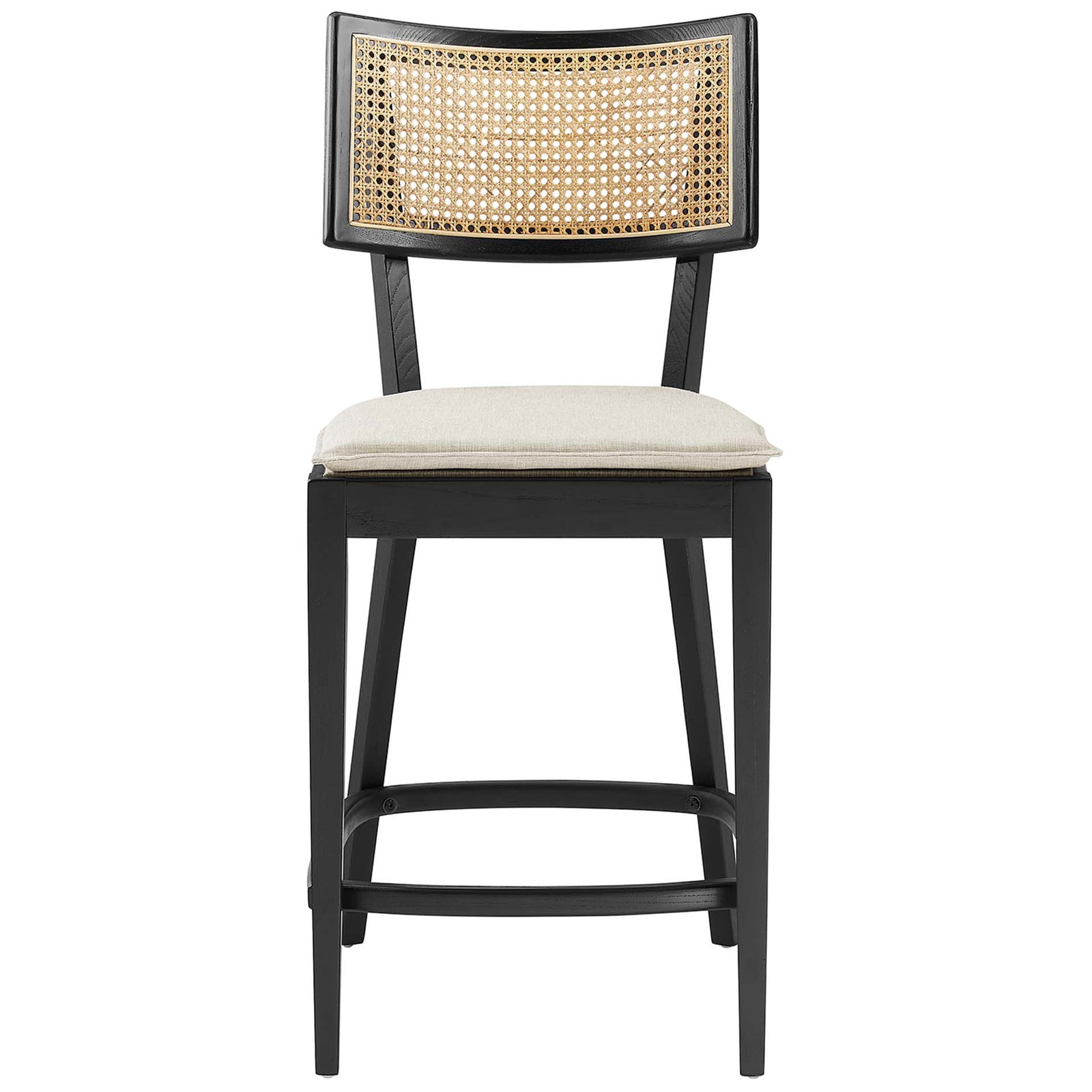 Sleek black wood counter stool with airy rattan back and plush beige cushion || EEI-6821-BLK-BEI || front_studio