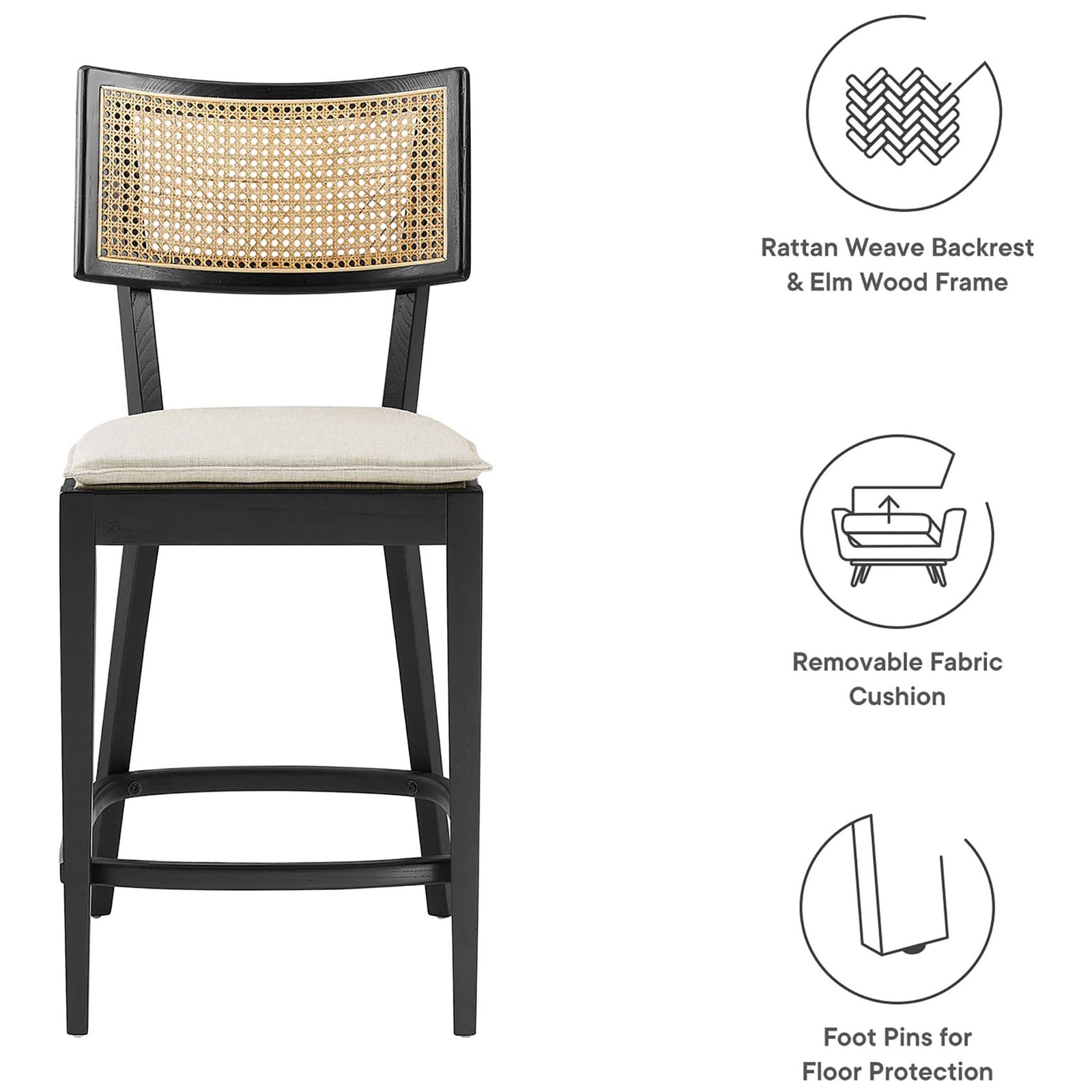 Natural cane, washable cushion cover, and floor-safe foot pins for everyday use || EEI-6821-BLK-BEI || callout_studio