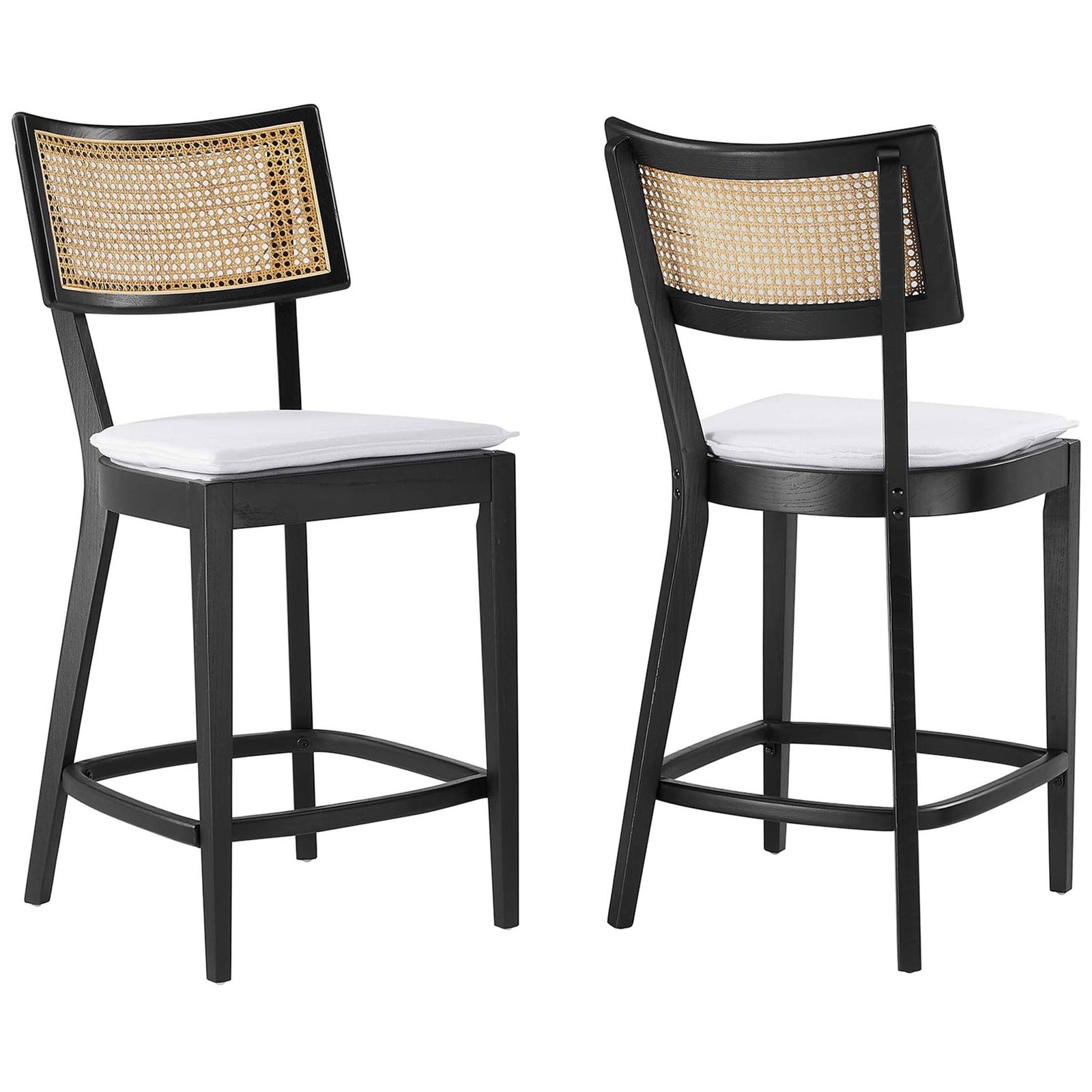 Set of two counter stools showcasing airy rattan backs and crisp white cushions || EEI-6821-BLK-WHI || front_angle_multi_studio