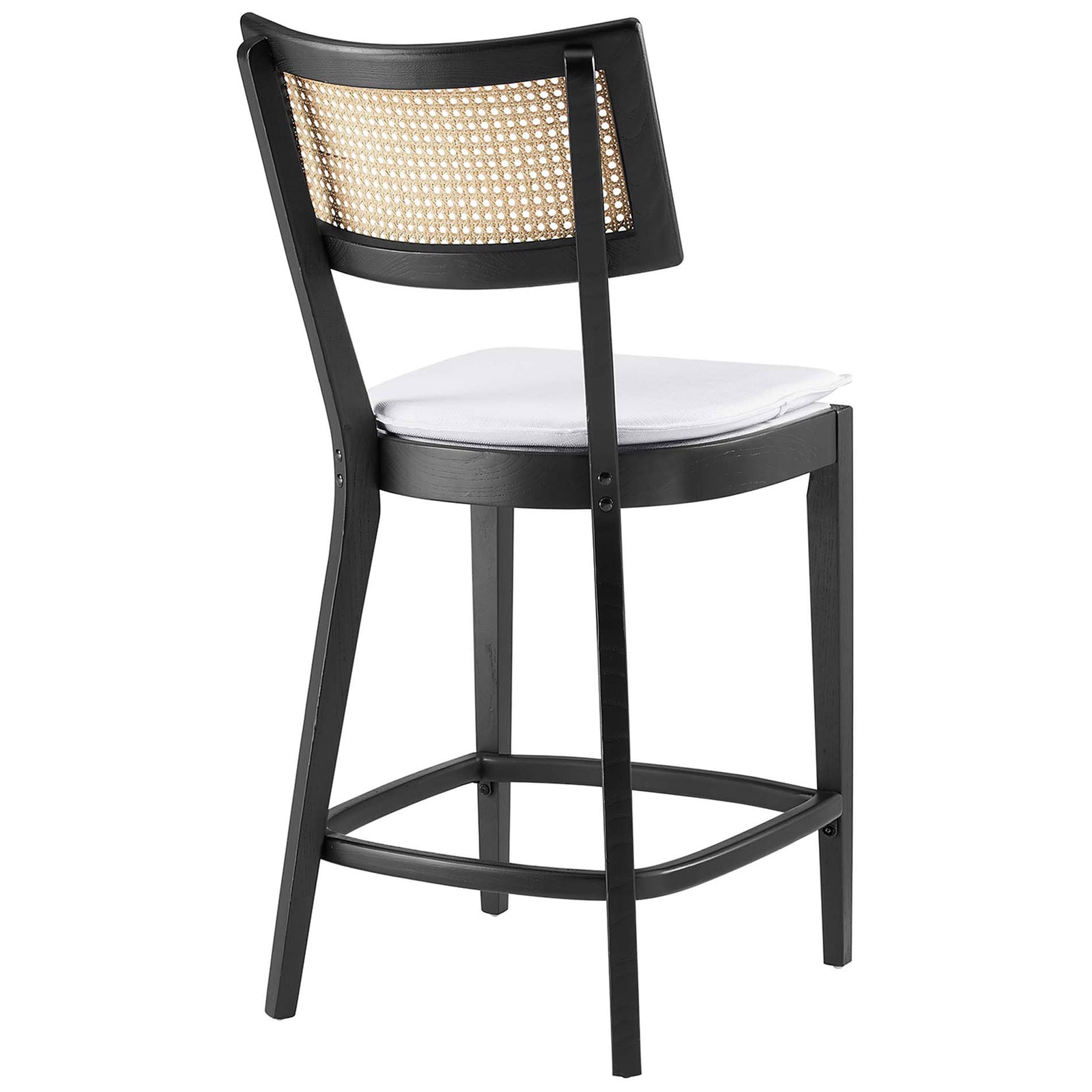 Curved rattan backrest framed in black shows refined texture and craftsmanship || EEI-6821-BLK-WHI || back_angle_studio
