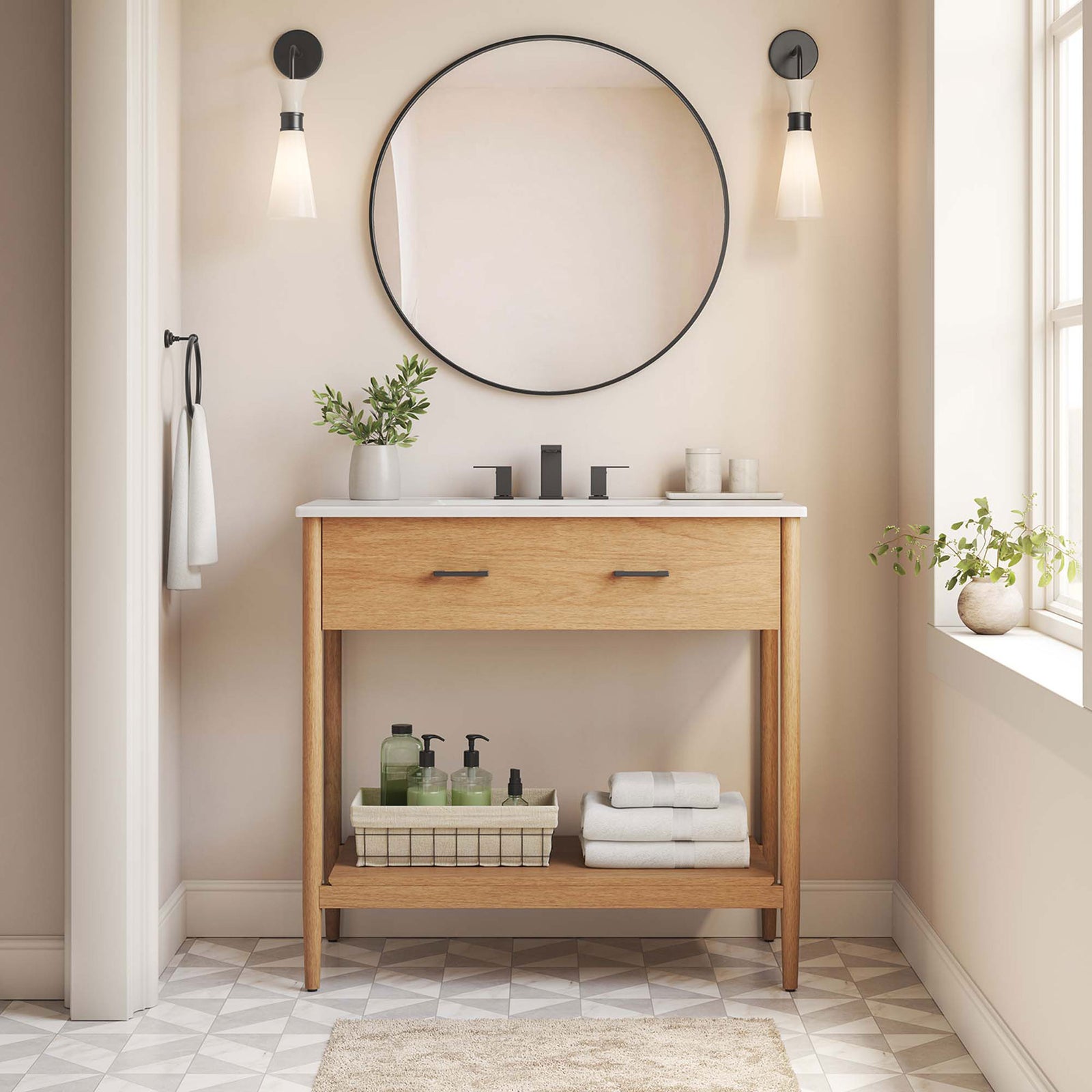 Styled bathroom setting highlights open shelf storage and matte black handles. || EEI-6822-NAT-WHI || front_room