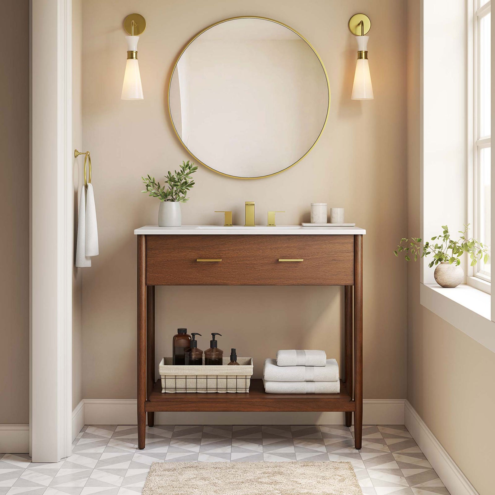 Sophisticated walnut vanity with bright white top completes a calm, modern bathroom. || EEI-6822-WAL-WHI || front_room