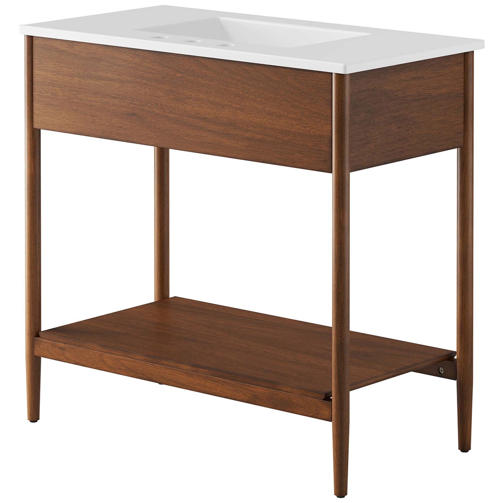 Streamlined cabinet with smooth panels and sturdy shelf supports beneath the crisp top. || EEI-6822-WAL-WHI || back_angle_studio