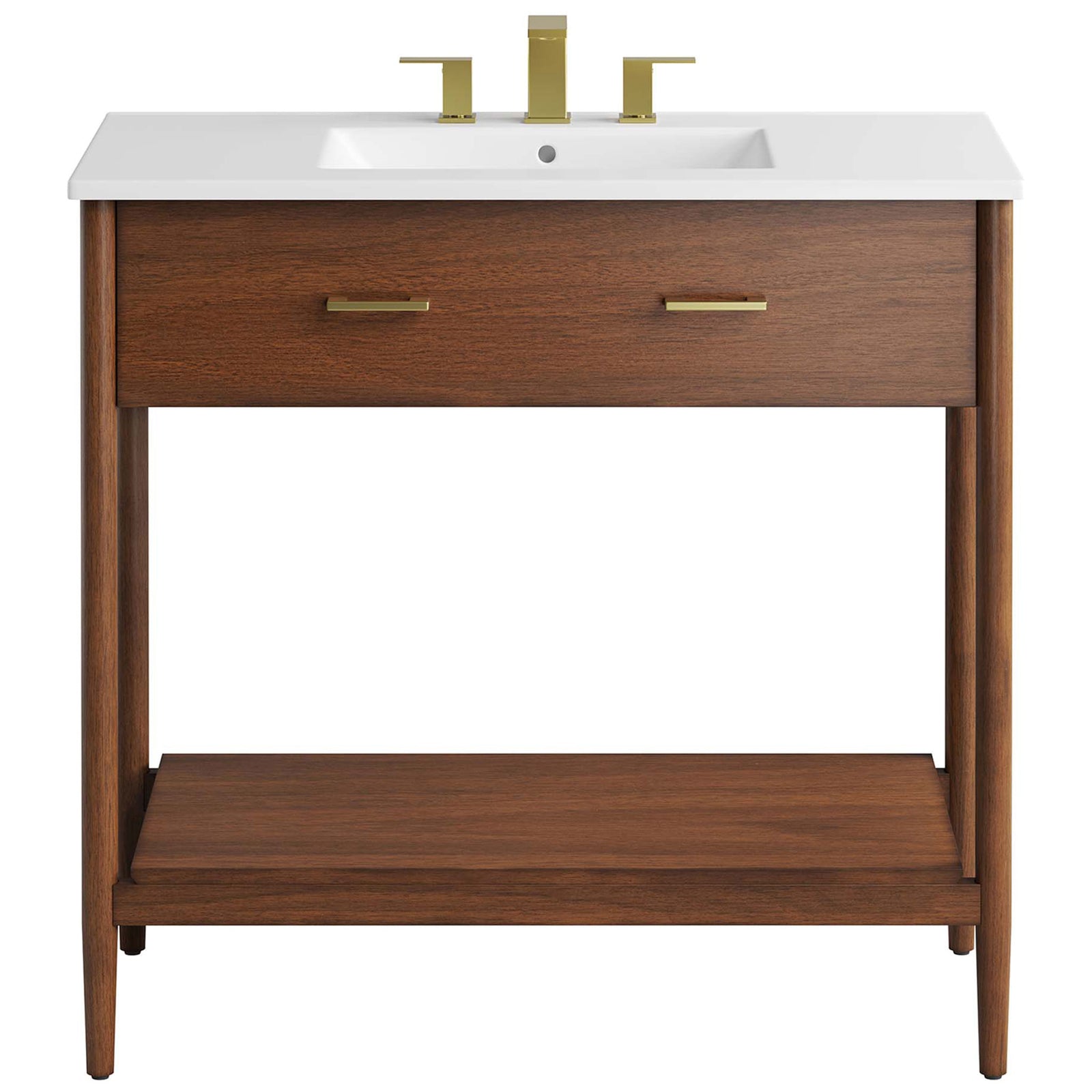 Modern brass hardware complements walnut wood and bright white sink for a balanced look. || EEI-6822-WAL-WHI || front_studio