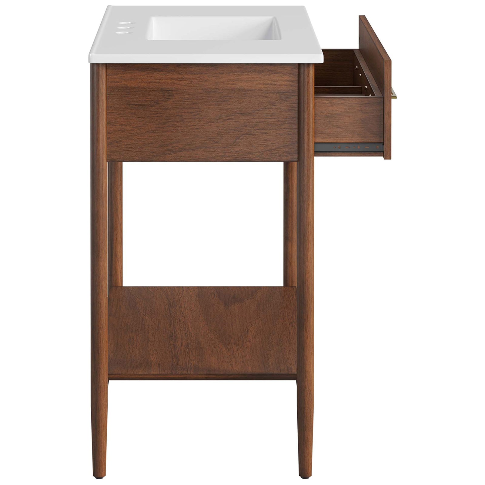 Full-width drawer opens for easy access to bath essentials under the seamless countertop. || EEI-6822-WAL-WHI || side_open_studio