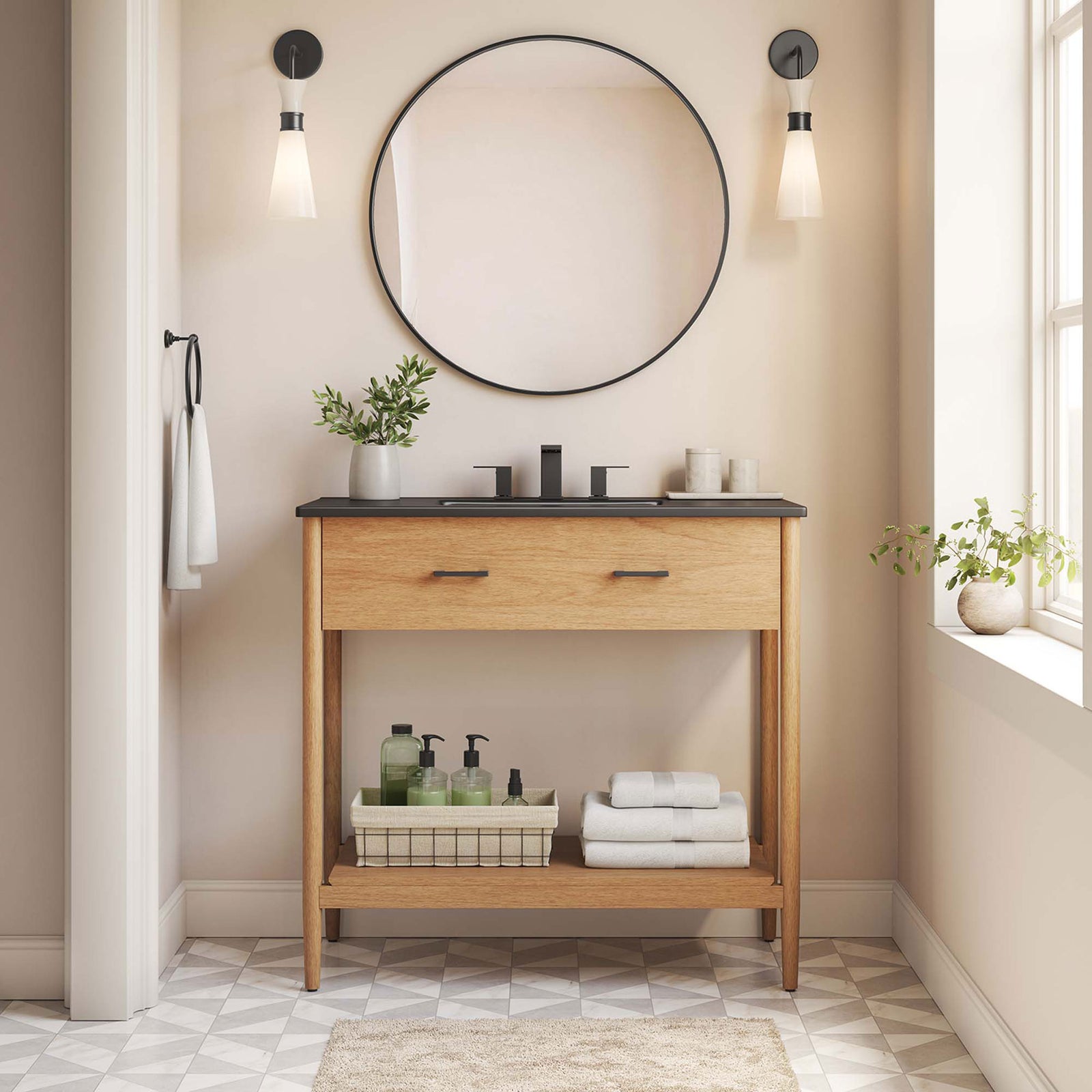 Natural wood and black sink vanity anchors the space with clean lines and open shelving || EEI-6823-NAT-BLK || front_room