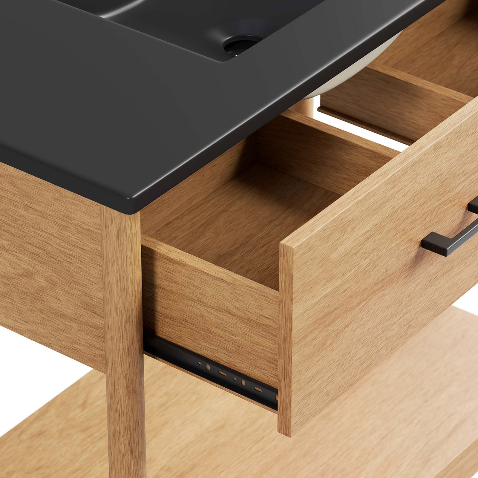 Divided drawer and smooth glides beneath the integrated black sink keep items tidy || EEI-6823-NAT-BLK || storage_open_studio