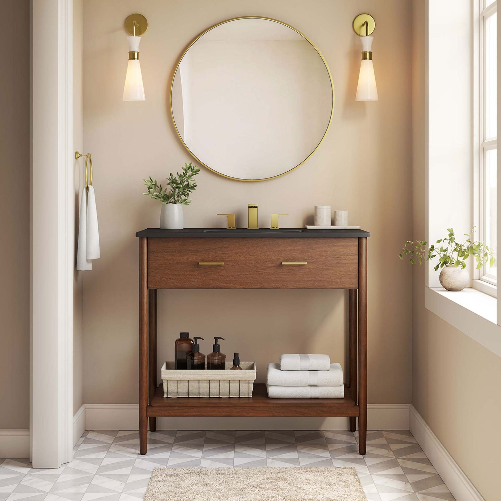 Warm walnut finish and sleek black basin elevate the bath with modern mid-century style || EEI-6823-WAL-BLK || front_room