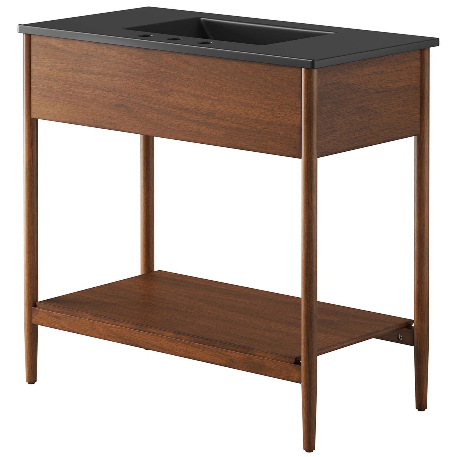 Streamlined silhouette with smooth panels and a wide lower shelf for storage || EEI-6823-WAL-BLK || back_angle_studio