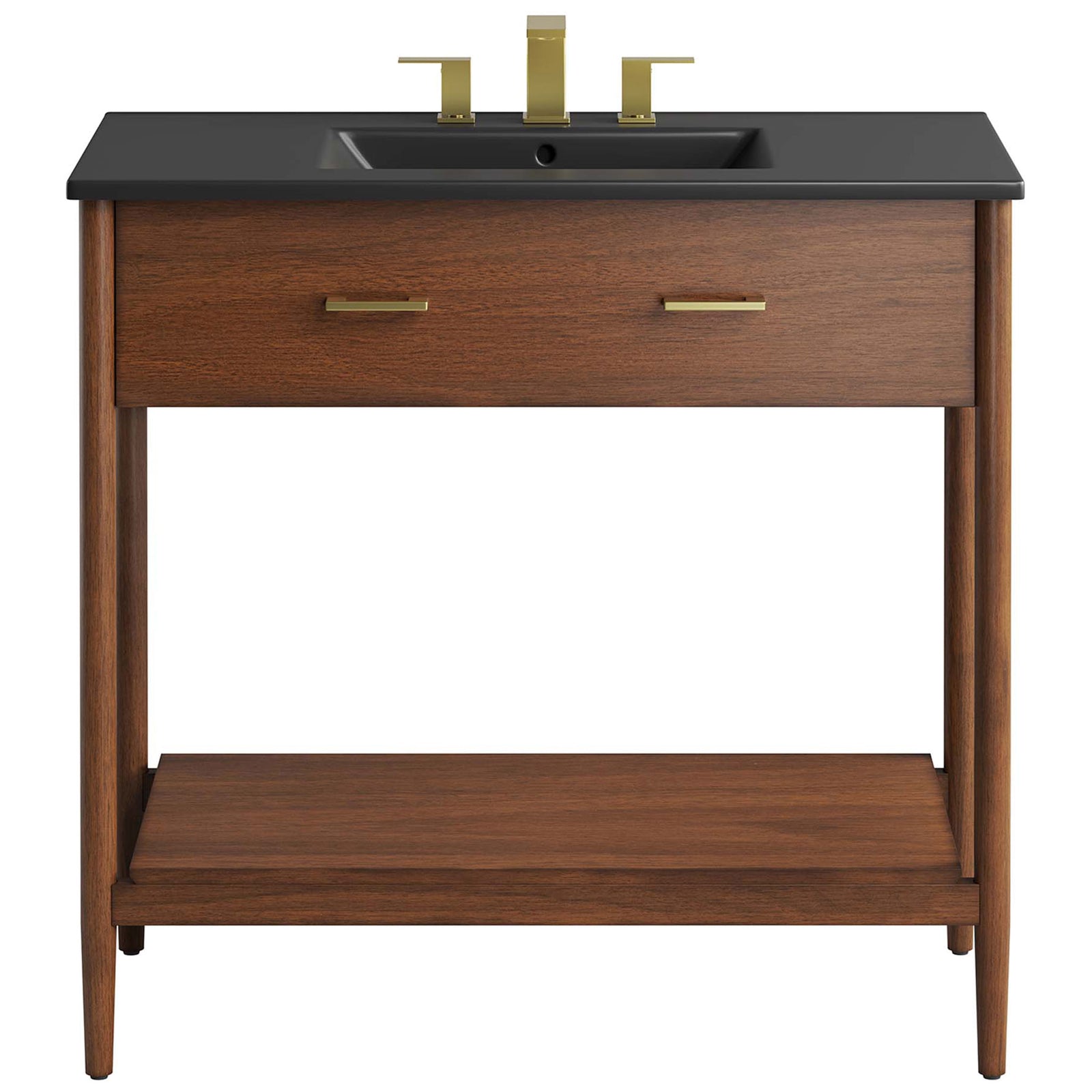 Integrated black countertop and basin pair beautifully with the walnut cabinet || EEI-6823-WAL-BLK || front_studio
