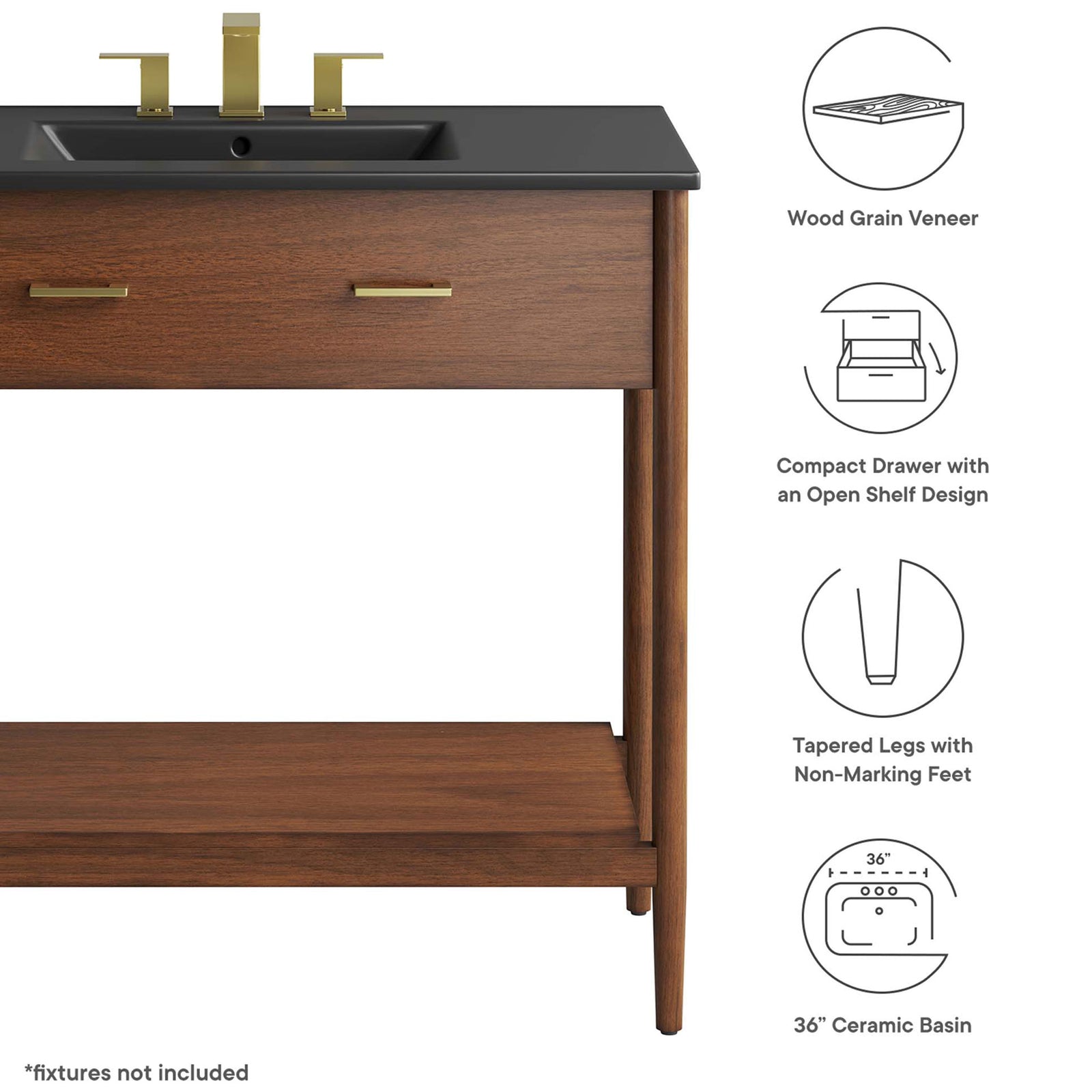 Feature highlights include wood grain veneer, compact drawer, tapered legs, and ceramic basin || EEI-6823-WAL-BLK || callout_studio