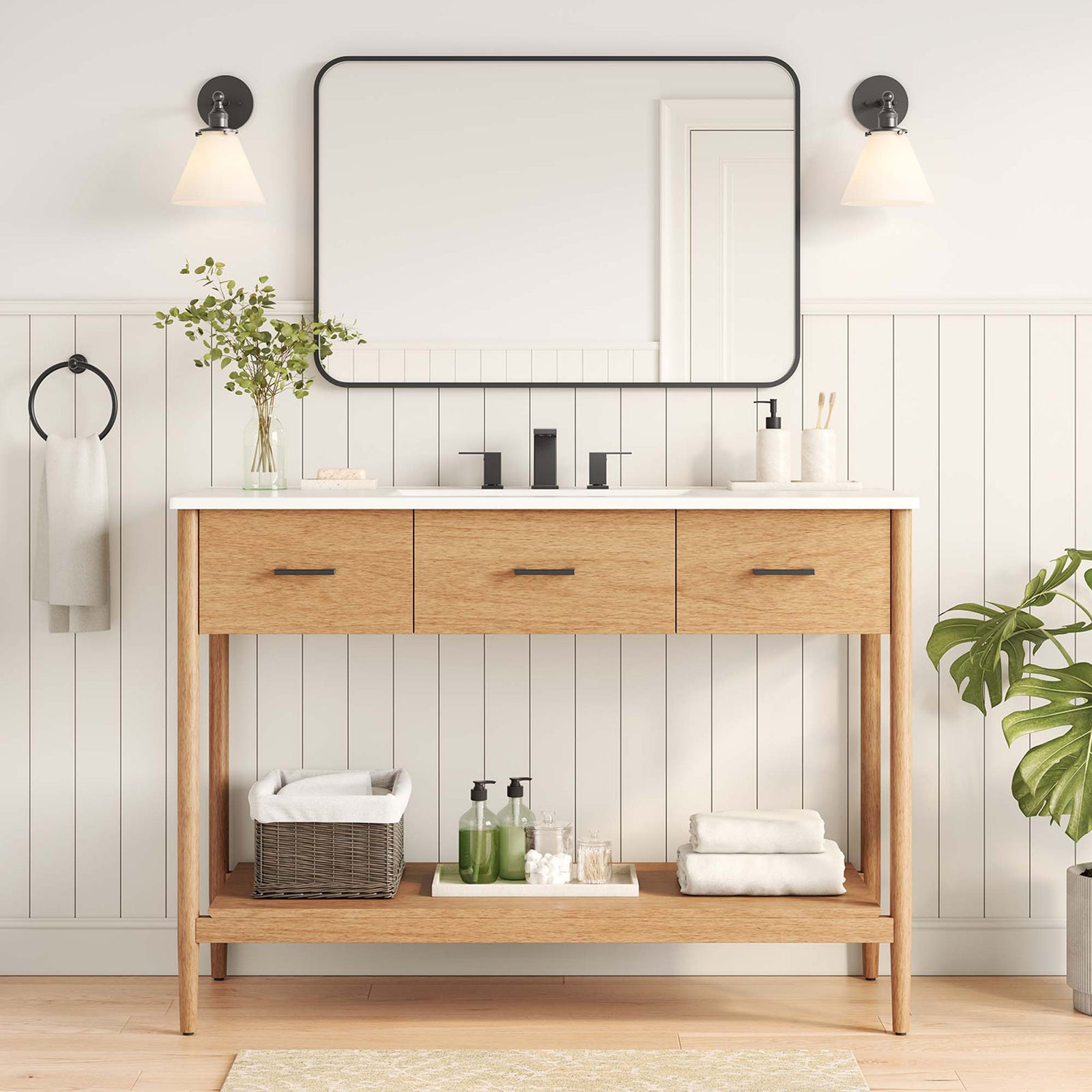 Crisp, modern vanity pairs natural wood tones with a white integrated sink for mid-century appeal. || EEI-6824-NAT-WHI || front_room