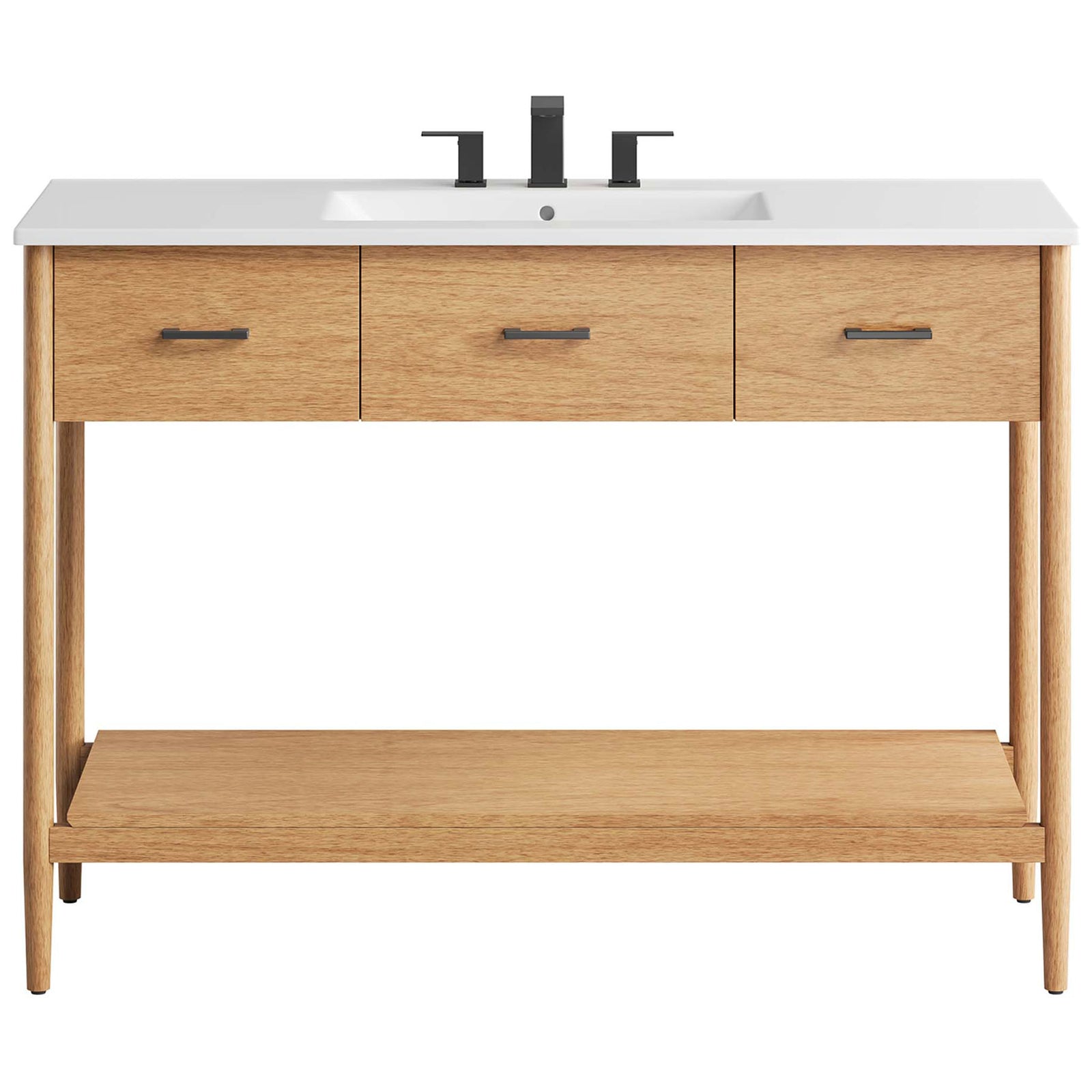 Three drawers with metal pulls and a crisp white basin set in a natural wood frame. || EEI-6824-NAT-WHI || front_studio