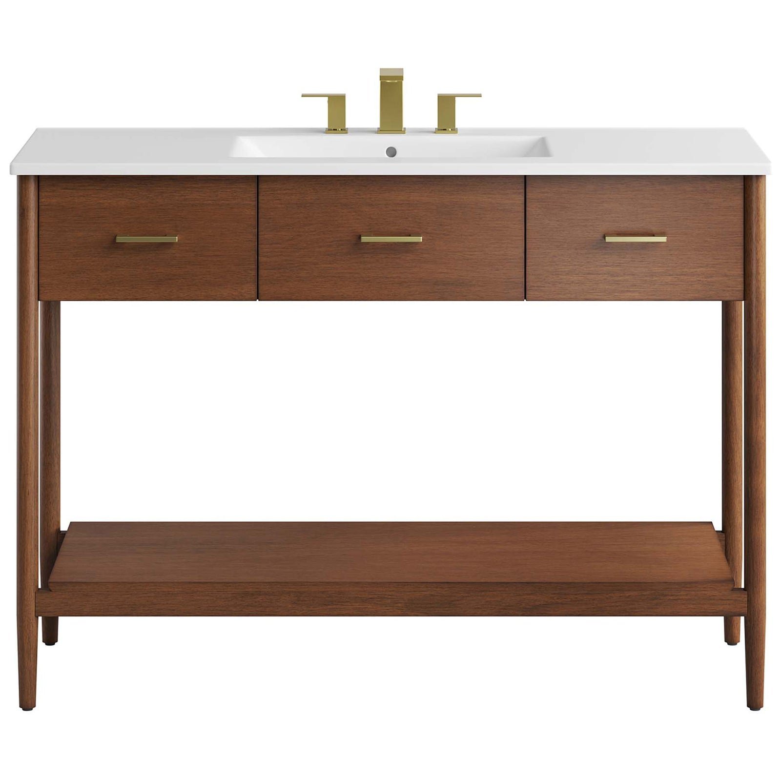 Sleek white countertop with 8 inch widespread holes and brass tone pulls elevate the minimalist design || EEI-6824-WAL-WHI || front_studio