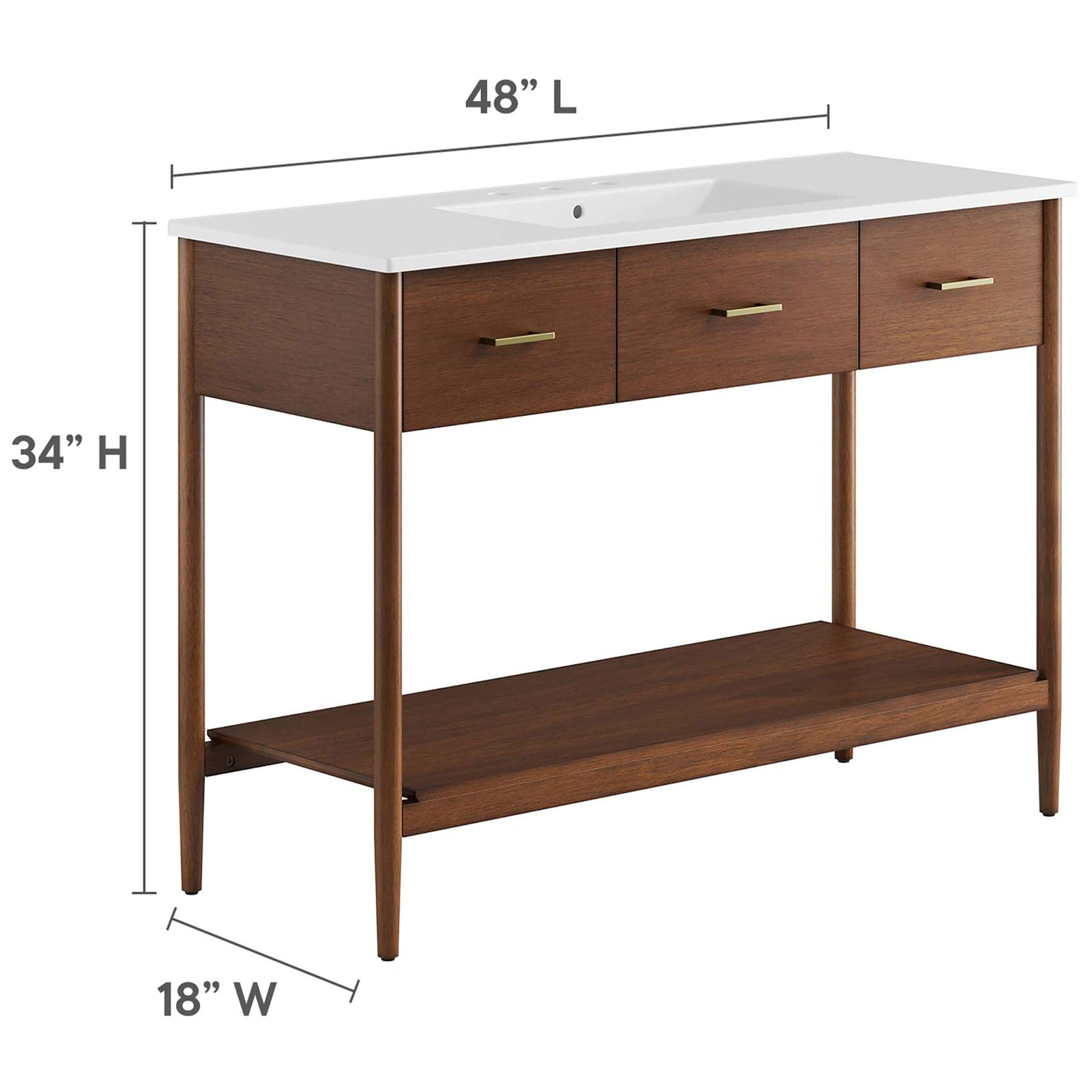 Generous 48 inch vanity with 34 inch height and 18 inch depth for balanced proportions and daily use || EEI-6824-WAL-WHI || dimension_studio