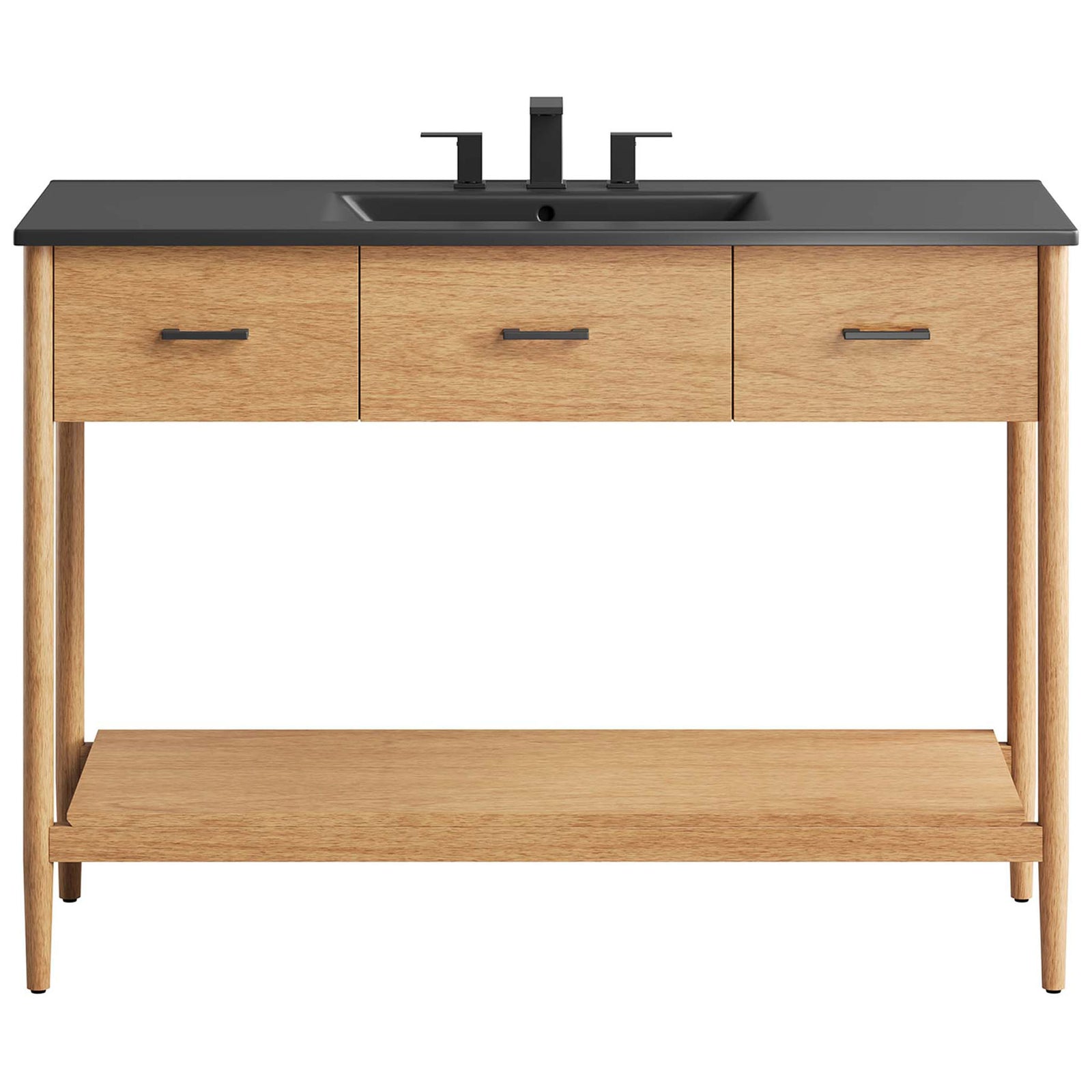 Natural wood vanity with black integrated sink, two drawers, open shelf, and sleek matte black pulls || EEI-6825-NAT-BLK || front_studio