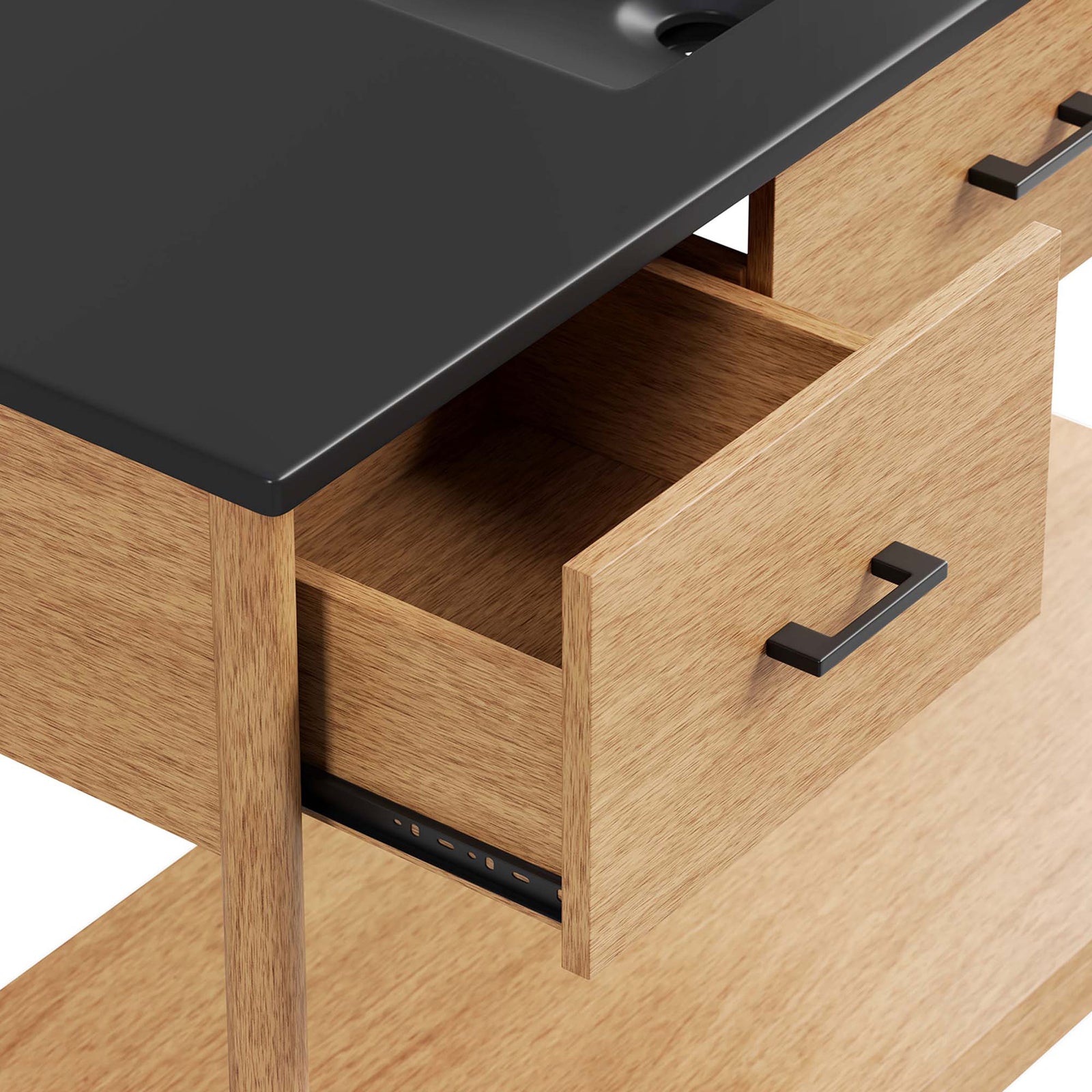 Smooth wood drawer with black pull and metal glides beneath a durable black integrated sink top || EEI-6825-NAT-BLK || storage_open_studio