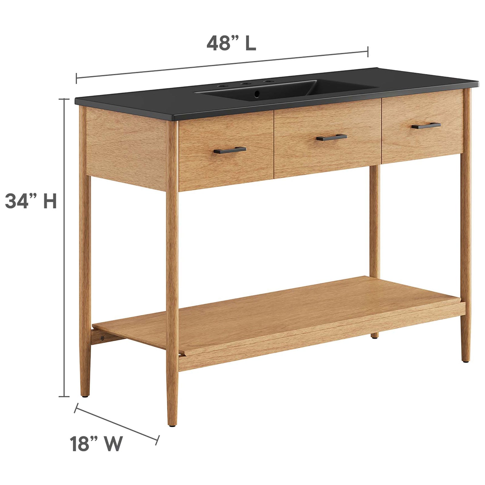 Overall size is 48 in long, 18 in wide, and 34 in high with an integrated sink and open shelf || EEI-6825-NAT-BLK || dimension_studio