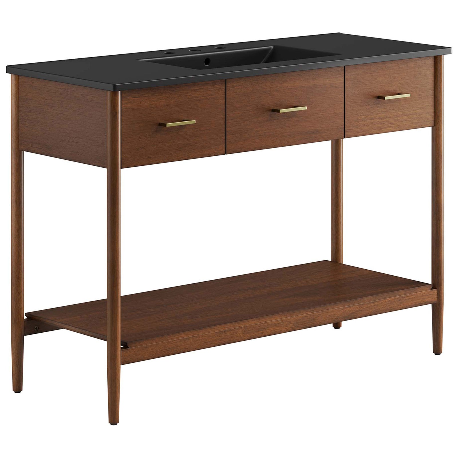 Mid-century walnut vanity with black integrated basin, brass pulls, and open shelf || EEI-6825-WAL-BLK || front_angle_studio