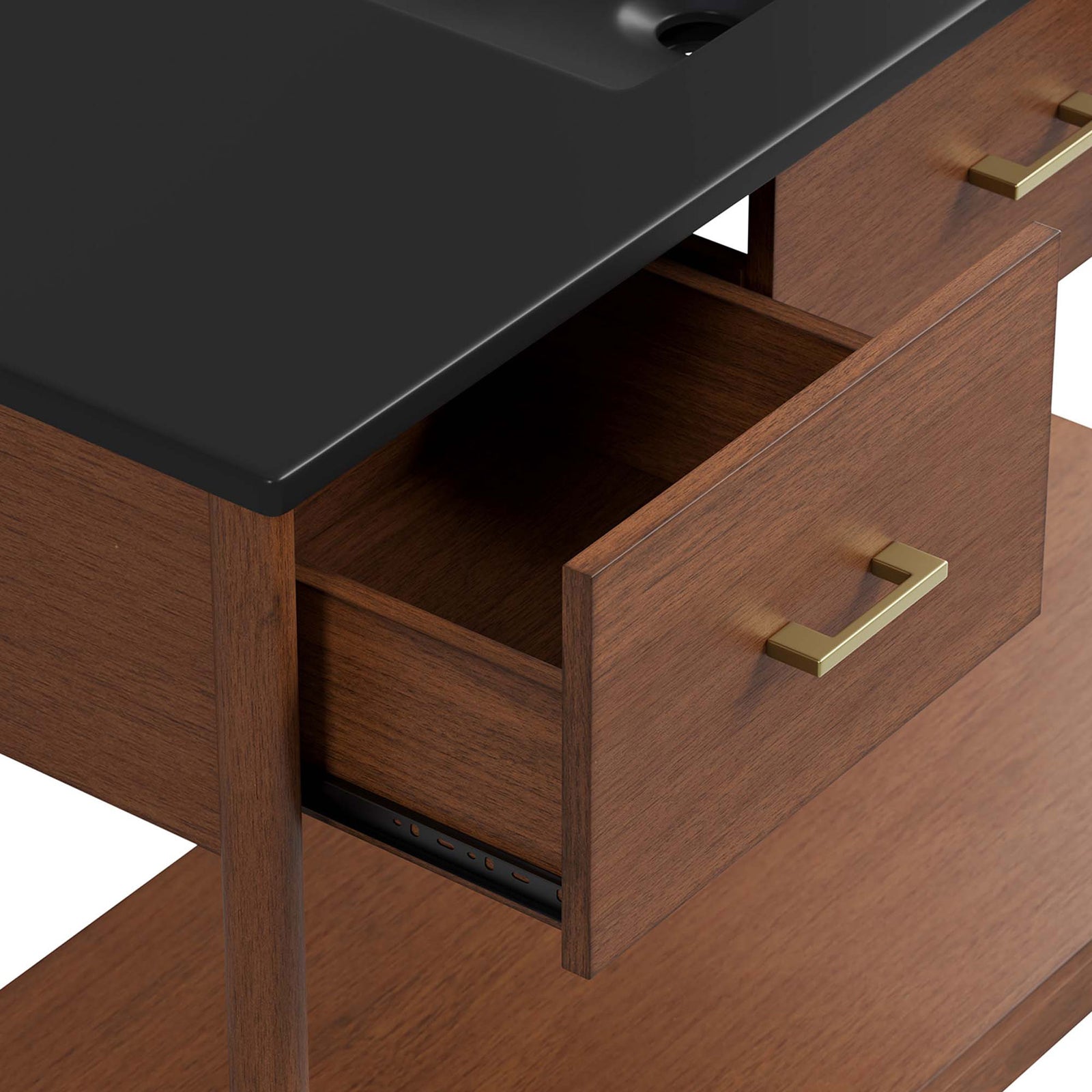 Roomy drawer with brass pull and metal glides keeps bathroom essentials neatly organized || EEI-6825-WAL-BLK || storage_open_studio