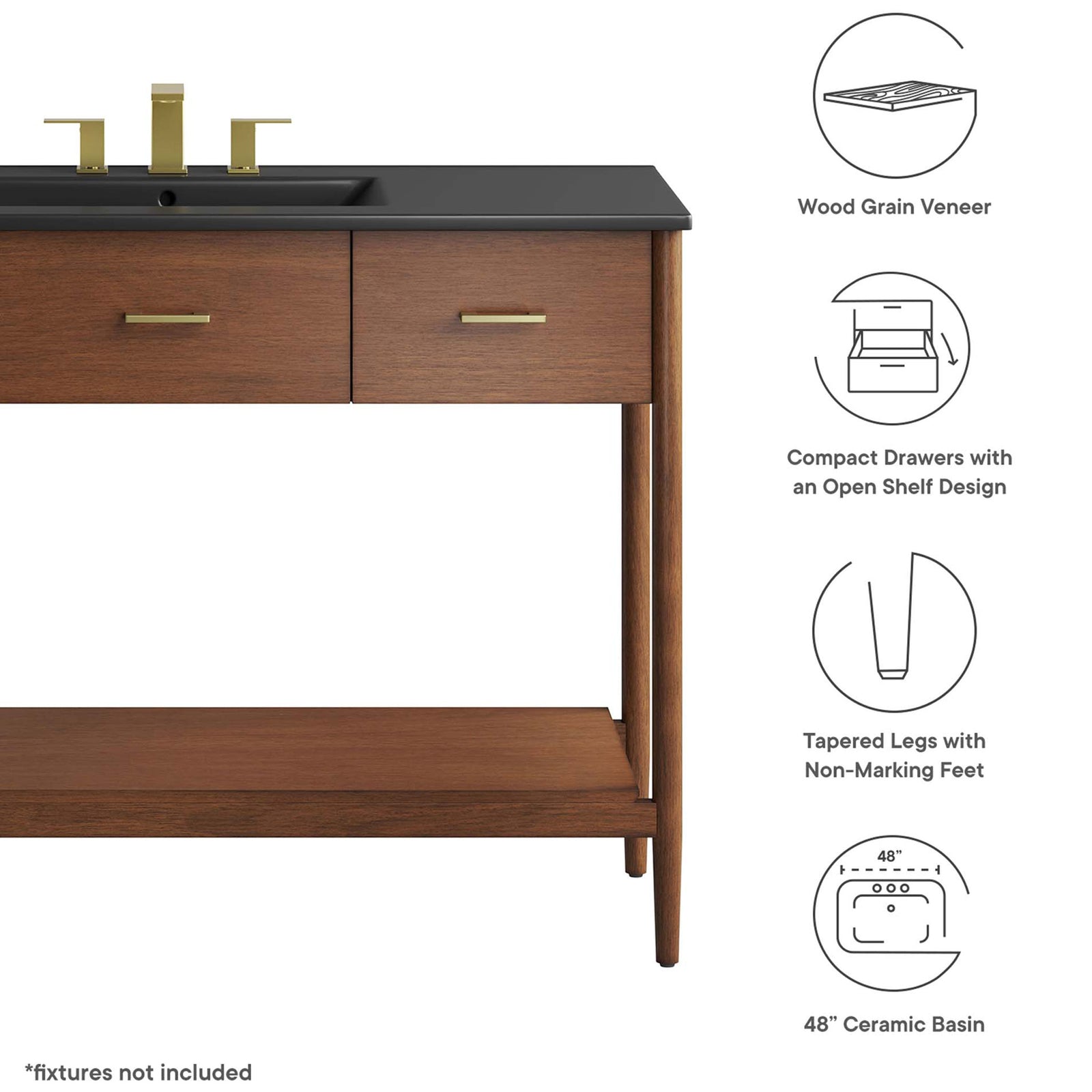 Highlights wood veneer, compact drawers, tapered legs, non-marking feet, and 48-inch ceramic basin || EEI-6825-WAL-BLK || callout_studio