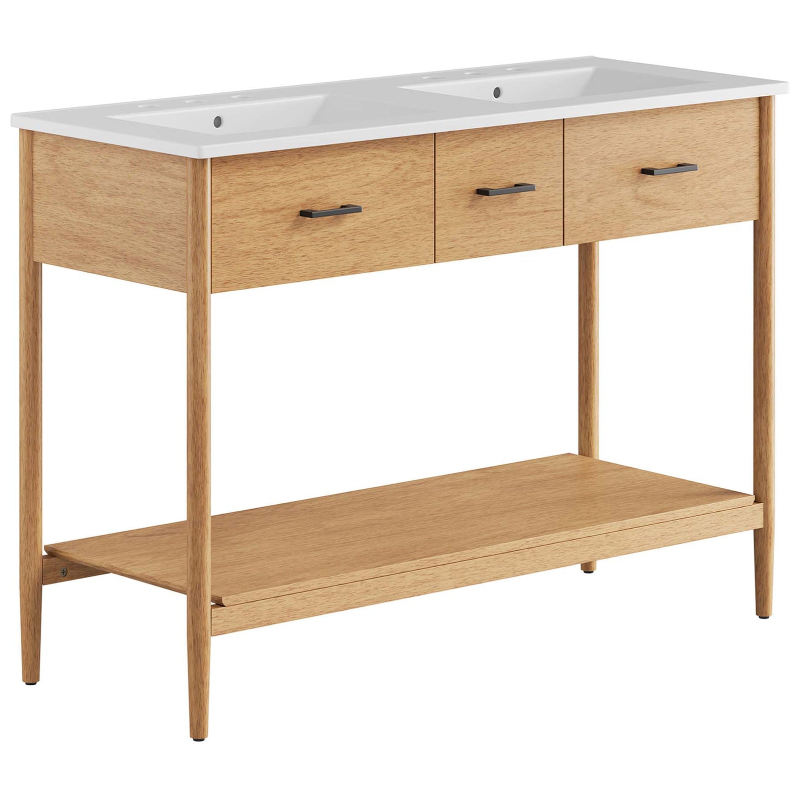 Natural wood double-sink vanity with clean lines, open shelf, and sleek metal pulls || EEI-6826-NAT-WHI || front_angle_studio