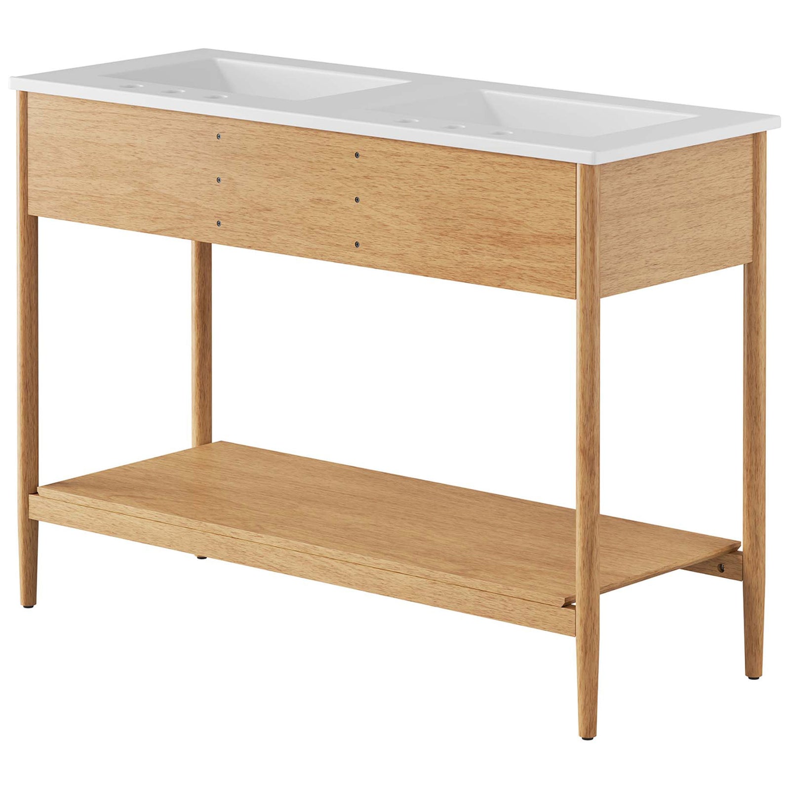 Streamlined silhouette with warm wood grain and full-length lower shelf for airy bathroom storage || EEI-6826-NAT-WHI || back_angle_studio