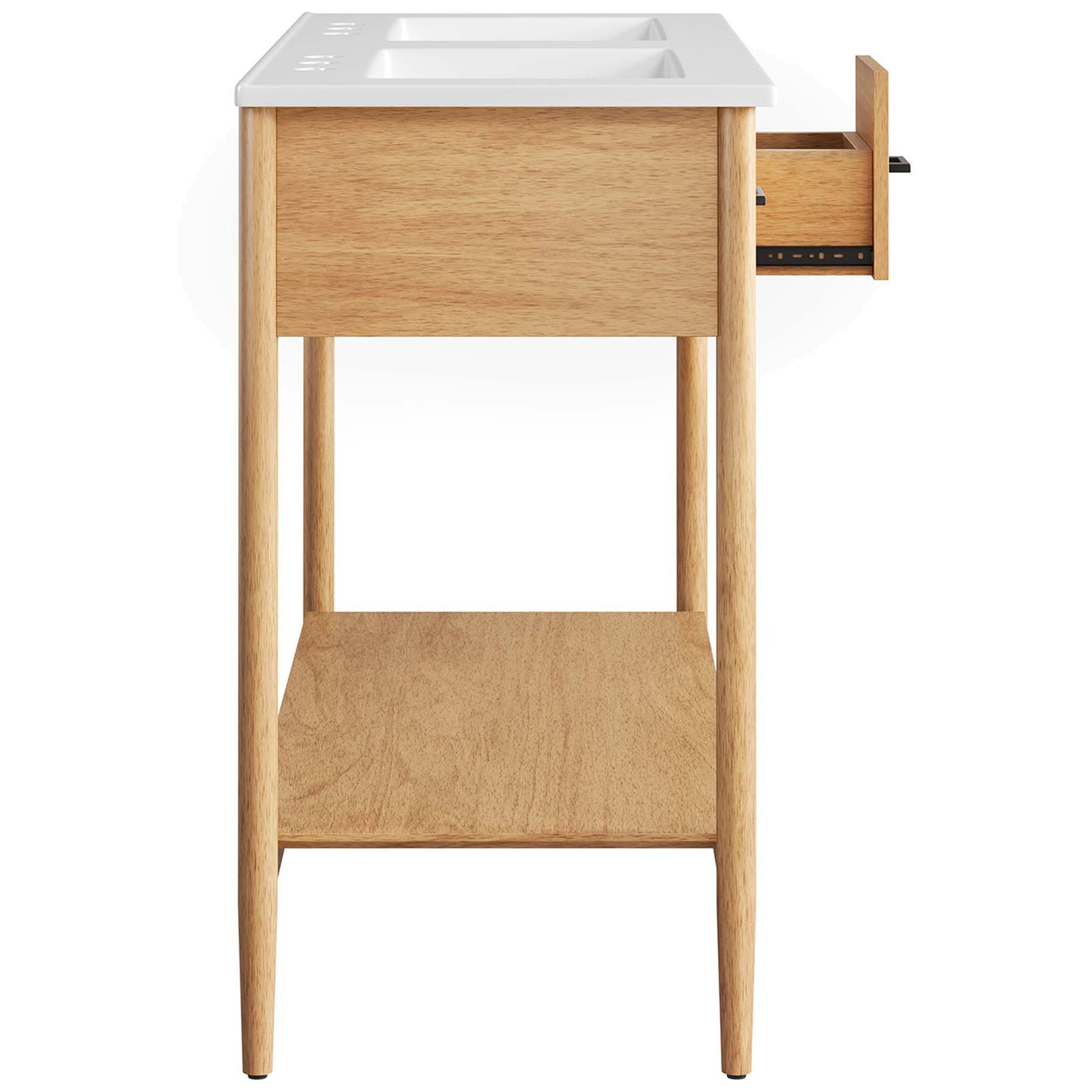 Smooth-glide center drawer opens to reveal convenient storage for bath essentials || EEI-6826-NAT-WHI || side_open_studio
