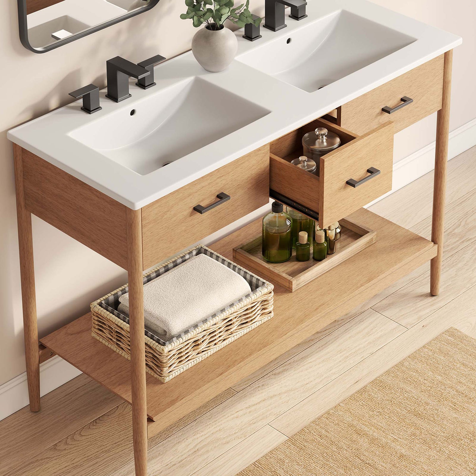 Open drawer keeps everyday items within reach beneath spacious double sinks and a clean countertop || EEI-6826-NAT-WHI || front_angle_open_room