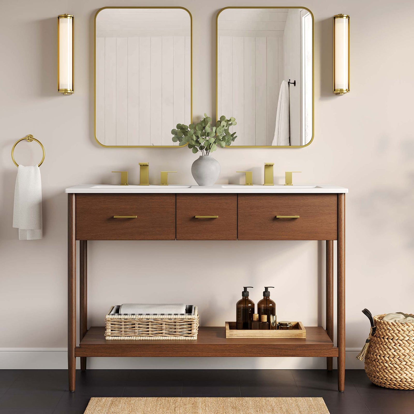 Warm walnut finish and brass-tone accents bring mid-century charm to the bath || EEI-6826-WAL-WHI || front_room