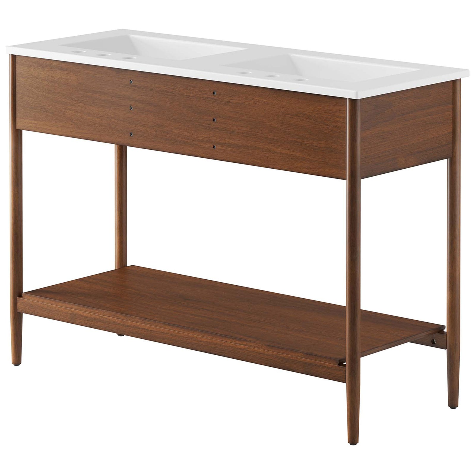 Smooth wood grain and a sturdy frame support the dual sinks || EEI-6826-WAL-WHI || back_angle_studio