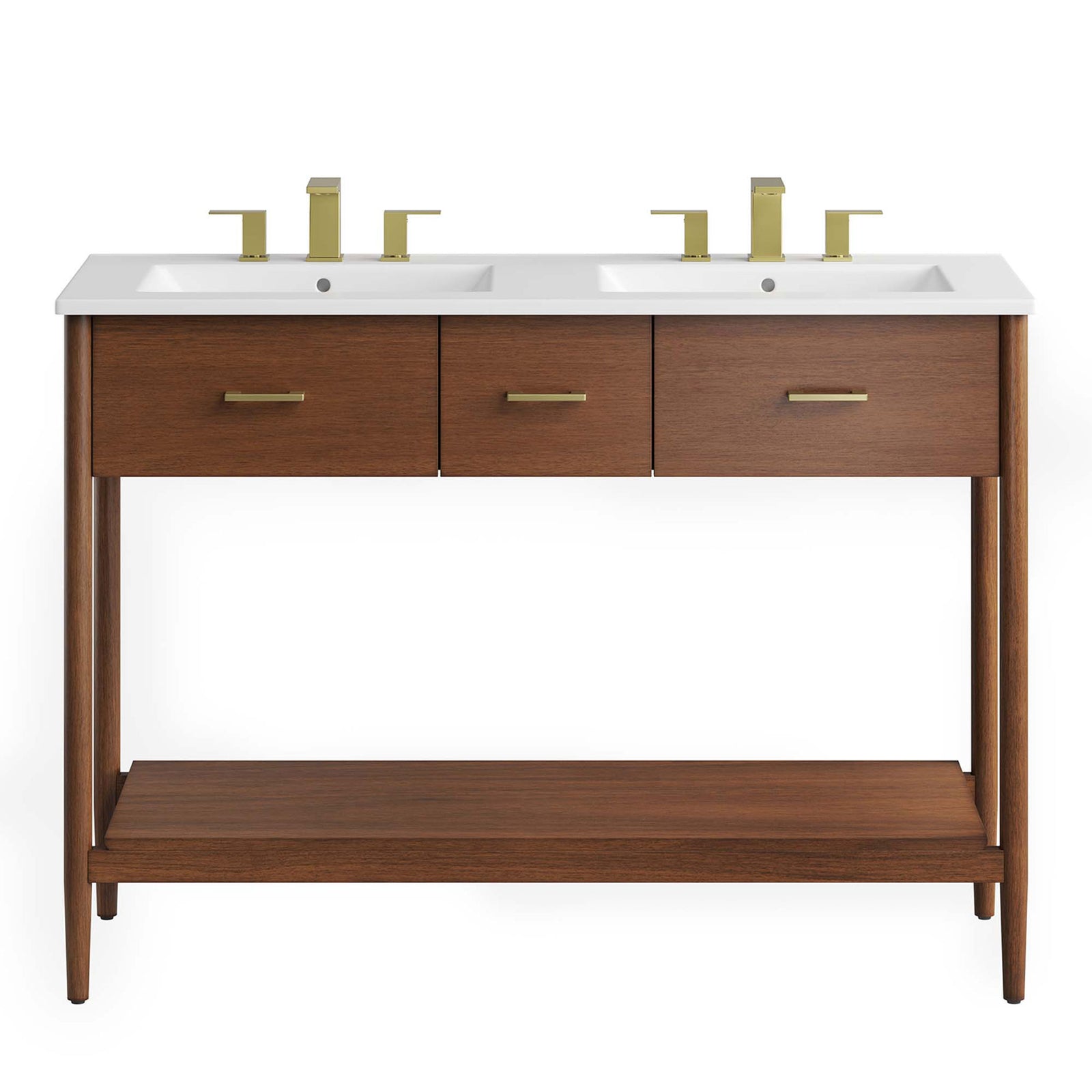 48-inch walnut vanity with double ceramic basins, brass-tone pulls, and an airy lower shelf || EEI-6826-WAL-WHI || front_studio