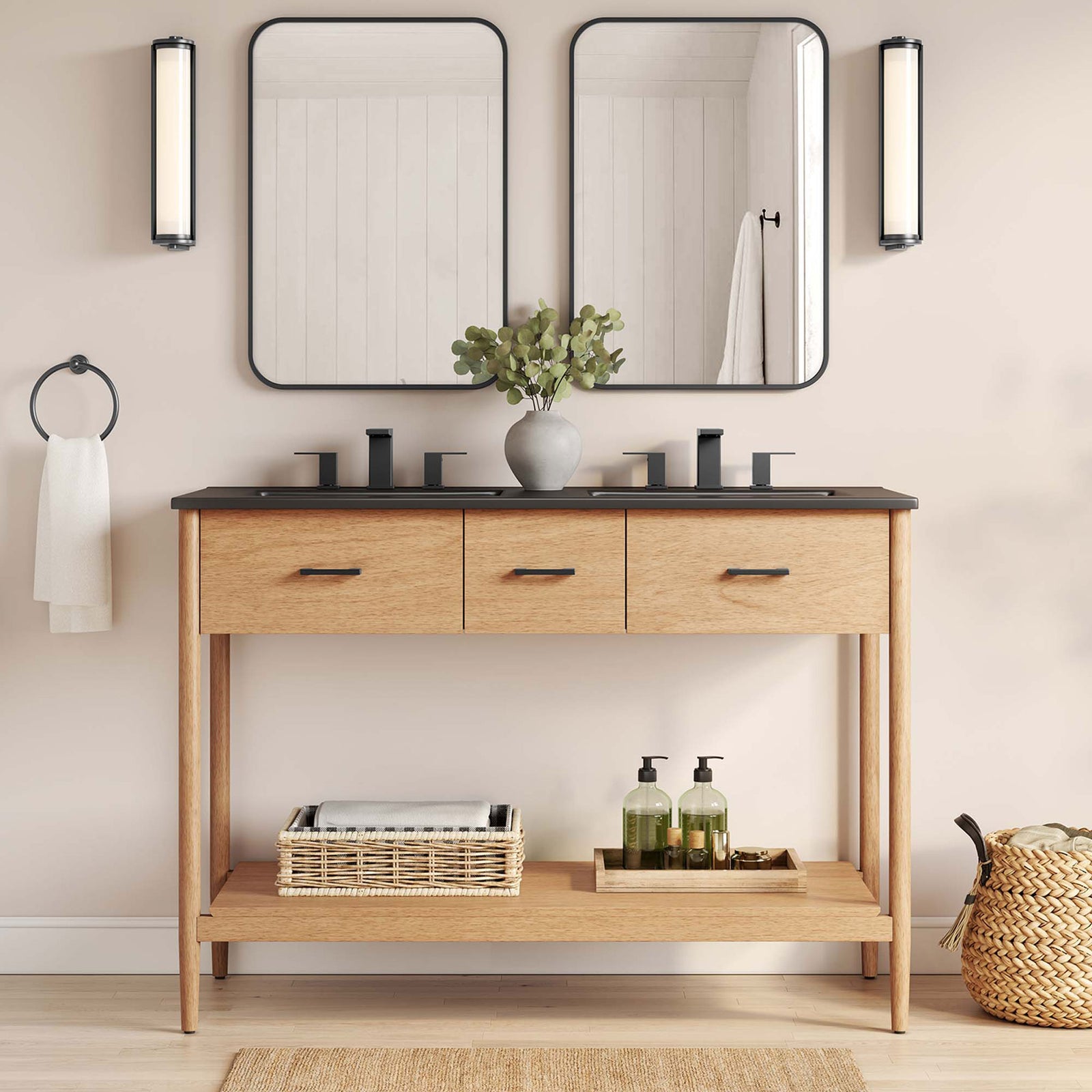 Minimalist double vanity anchors the bath with open storage and refined metal hardware || EEI-6827-NAT-BLK || front_room