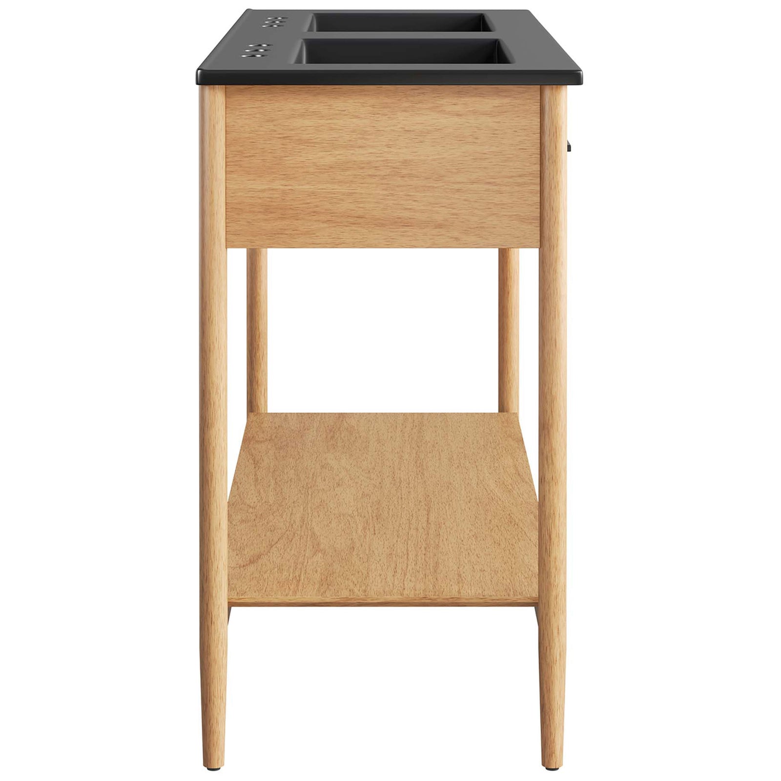 Streamlined profile with tapered legs, open shelf, and a sleek black double-basin top || EEI-6827-NAT-BLK || side_studio