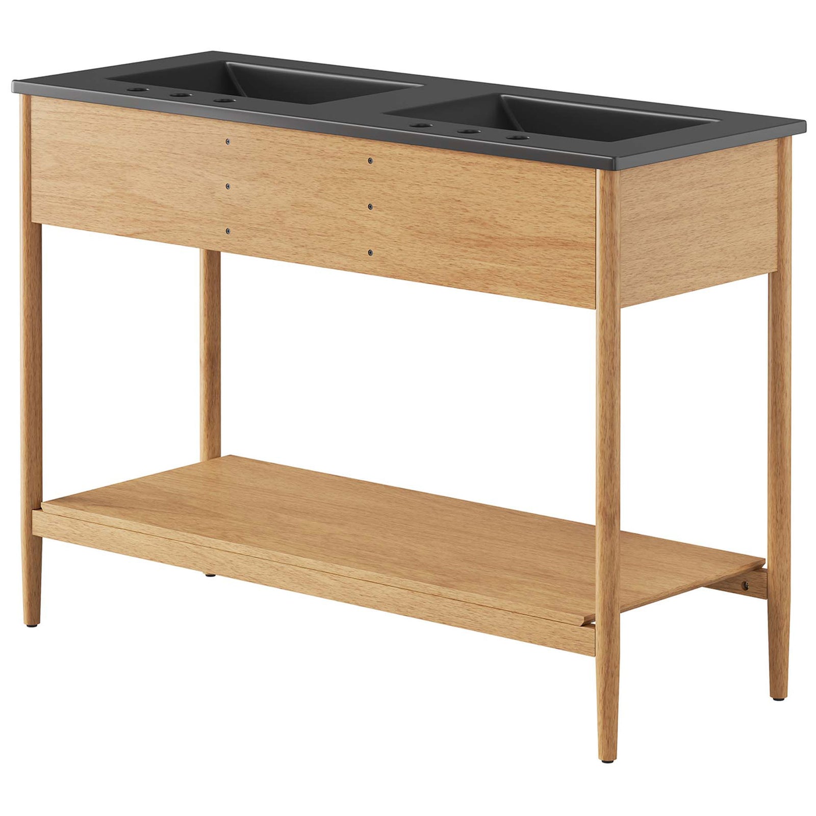 Clean back design with slim frame and sturdy shelf supports beneath the bold black countertop || EEI-6827-NAT-BLK || back_angle_studio