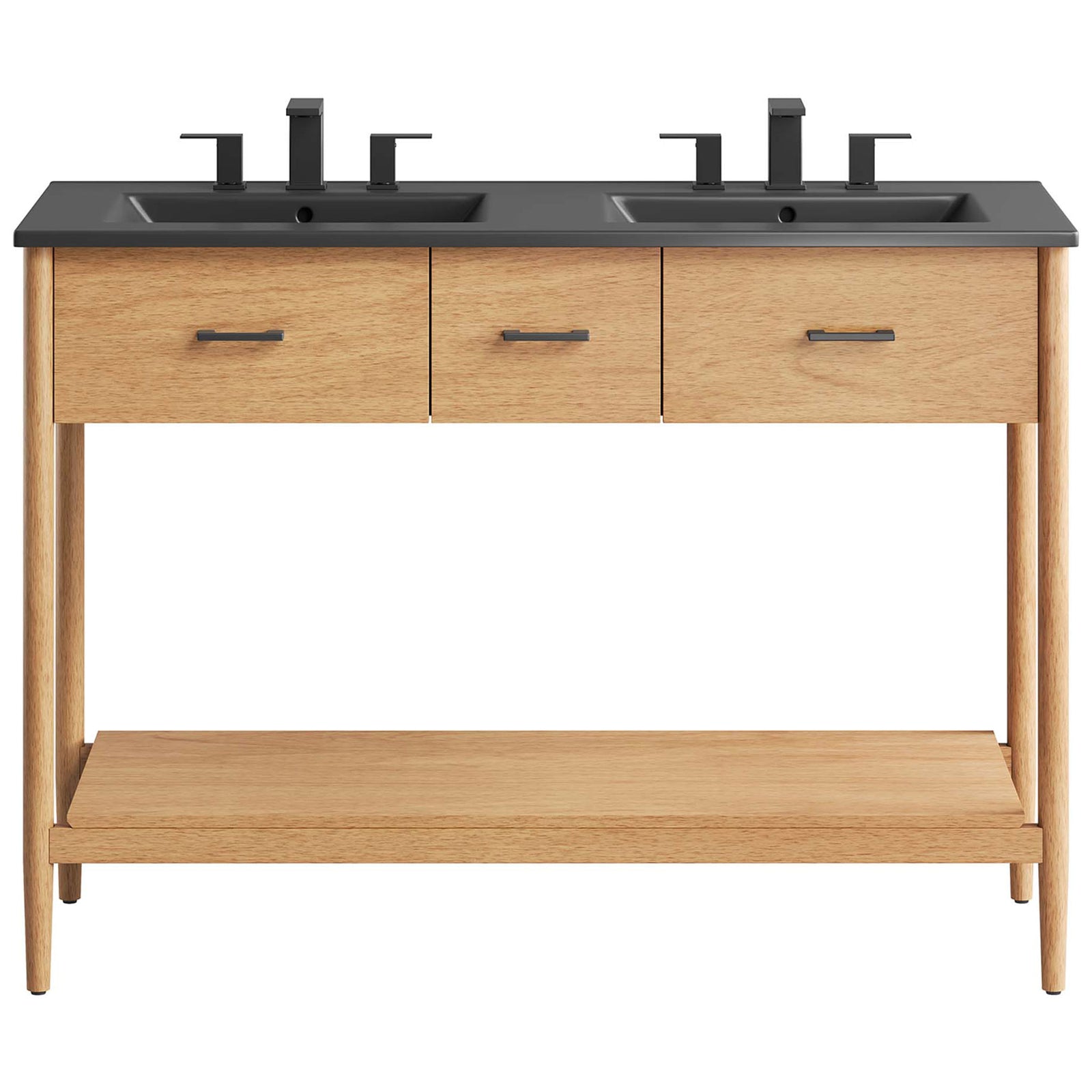 Balanced double-sink design with three metal-pull drawers and a spacious full-length lower shelf || EEI-6827-NAT-BLK || front_studio